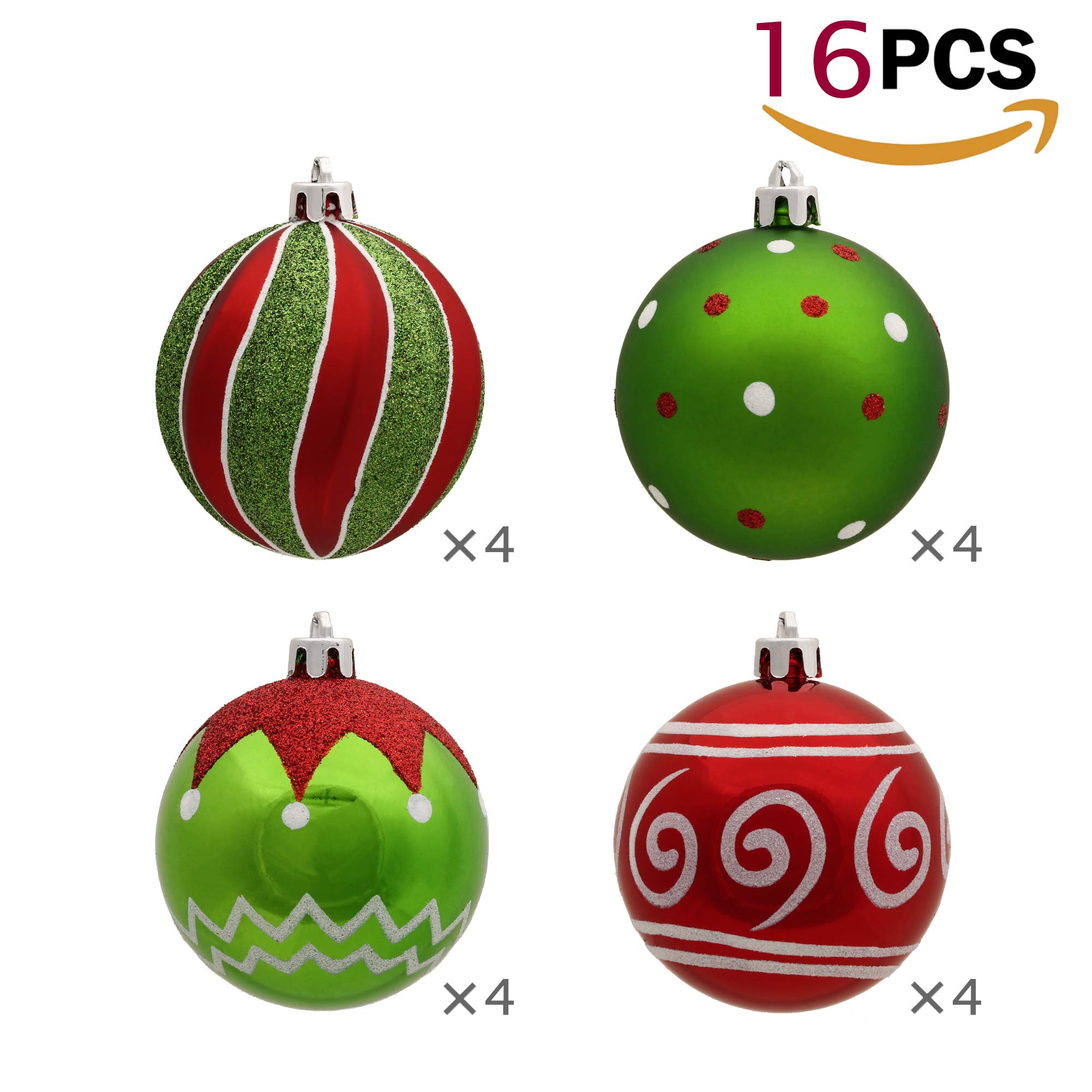 Victor's Workshop 16Pcs Bolas de Navidad 7cm, Adornos de Navidad para Arbol Tema Elfo Setl, Decoración de Bolas Navideños Plástico de Rojo Blanco Verde, Regalos de Colgantes de Navidad (Deleitoso)