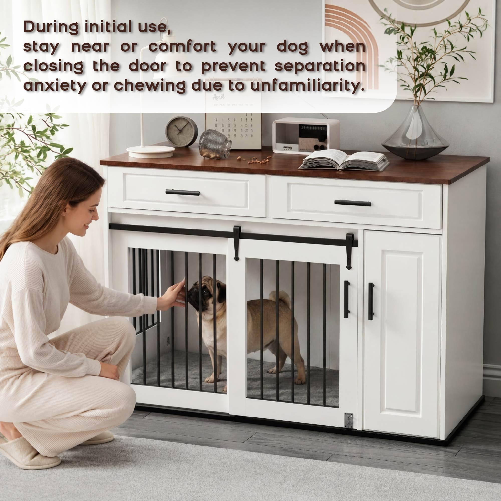 Möbelstil Hundebox, Holzbox mit Schiebetüren, Hundehütte mit 2 Schubladen und Lagerung Schrank, 2-türige Hundekiste für mittelgroße/große Hunde, Indoor Tierhaus, Weiß