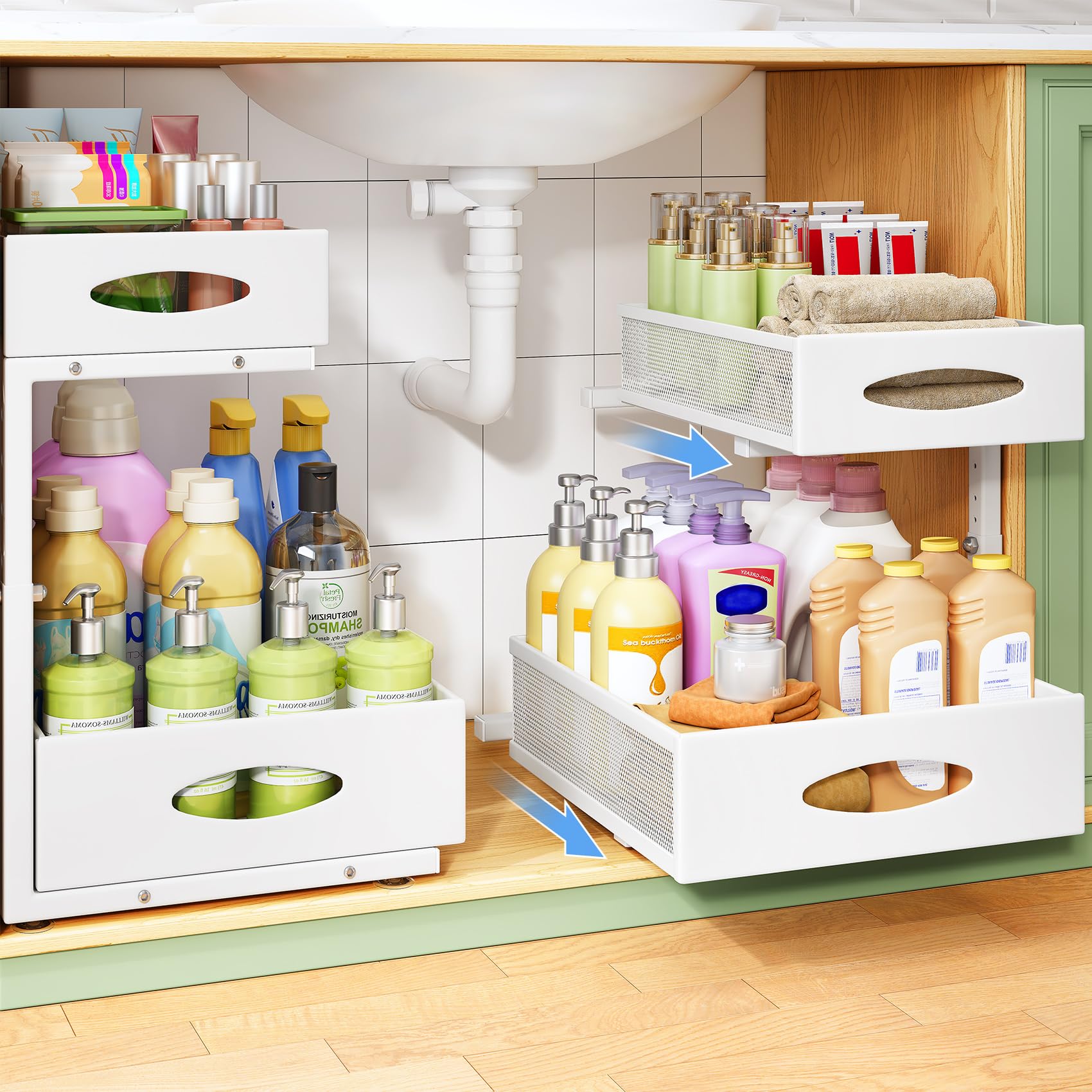 Kitstorack 2-Pack Under Sink Storage, 2 Tier Metal Pull Out Cabinet Organiser with Mesh Drawers, Adjustable Height Sliding Basket Rack for Kitchen, Bathroom, Laundry, Cupboards Organization (White)