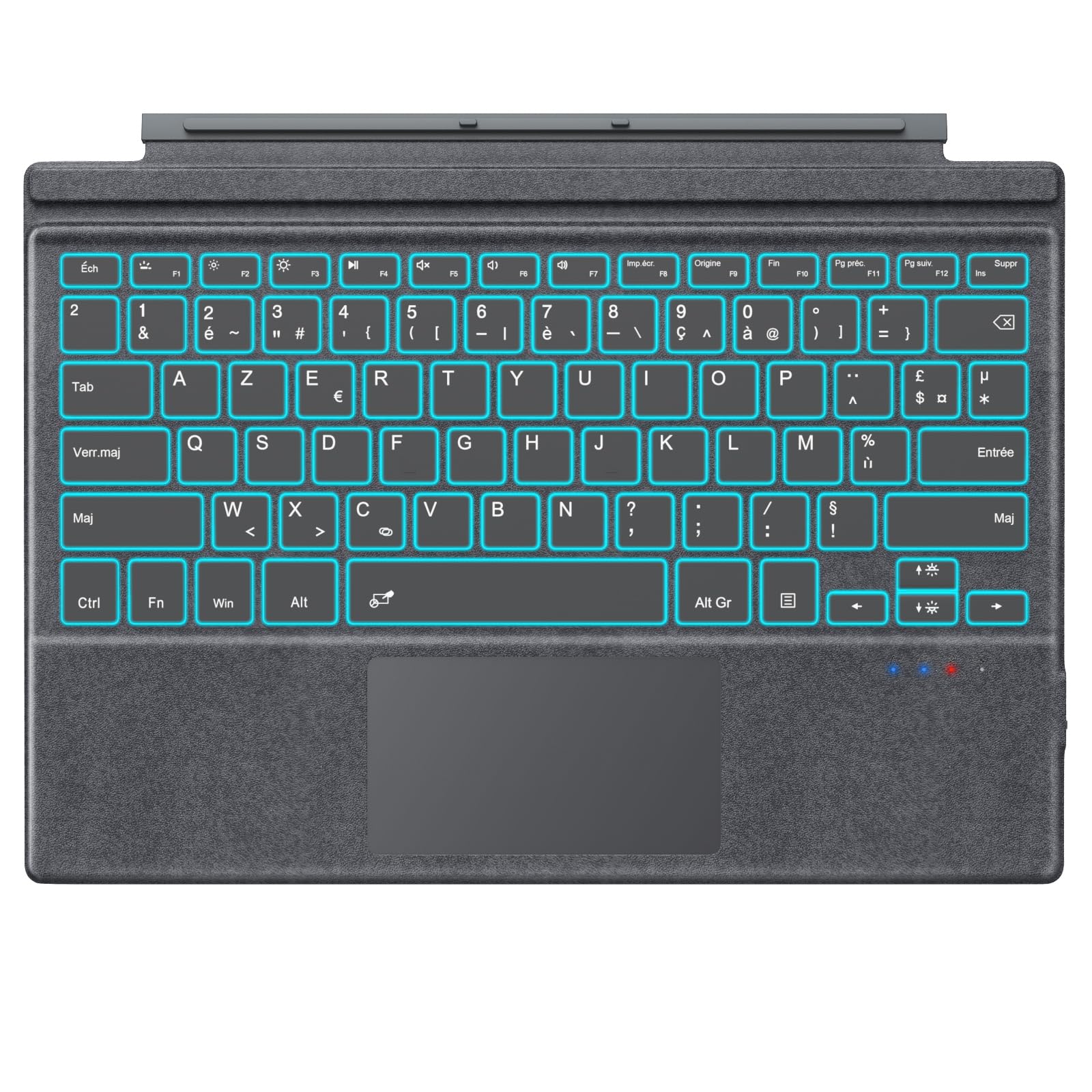 MoKo AZERTY Clavier Français Microsoft pour Surface Pro 7+/7/6/5/4/3,Gris | Bluetooth avec Pavé Tactile, Rétroéclairage LED 7 Couleurs, Batterie Rechargeable