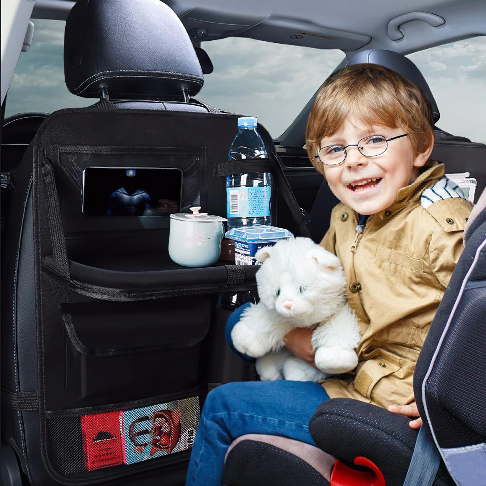 COVRA Confezione da 2 organizer per sedile posteriore con 6 tasche portaoggetti e vassoio pieghevole, ideale per bambini e bambini, accessori da viaggio