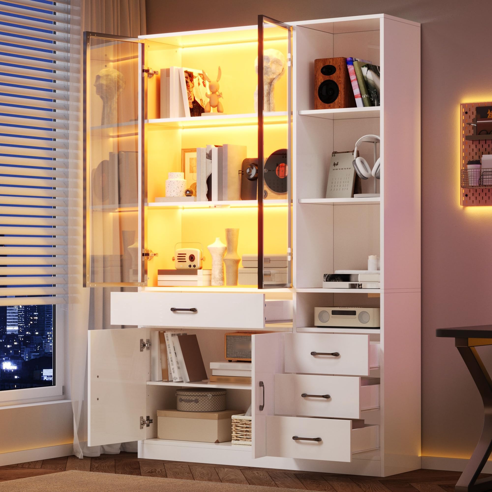 Armadietto alto con vetrina in vetro e LED, 120 x 35 x 200 cm, libreria bianca con 13 scomparti, 4 cassetti e ante, vetrine, adatto per sala da pranzo e soggiorno