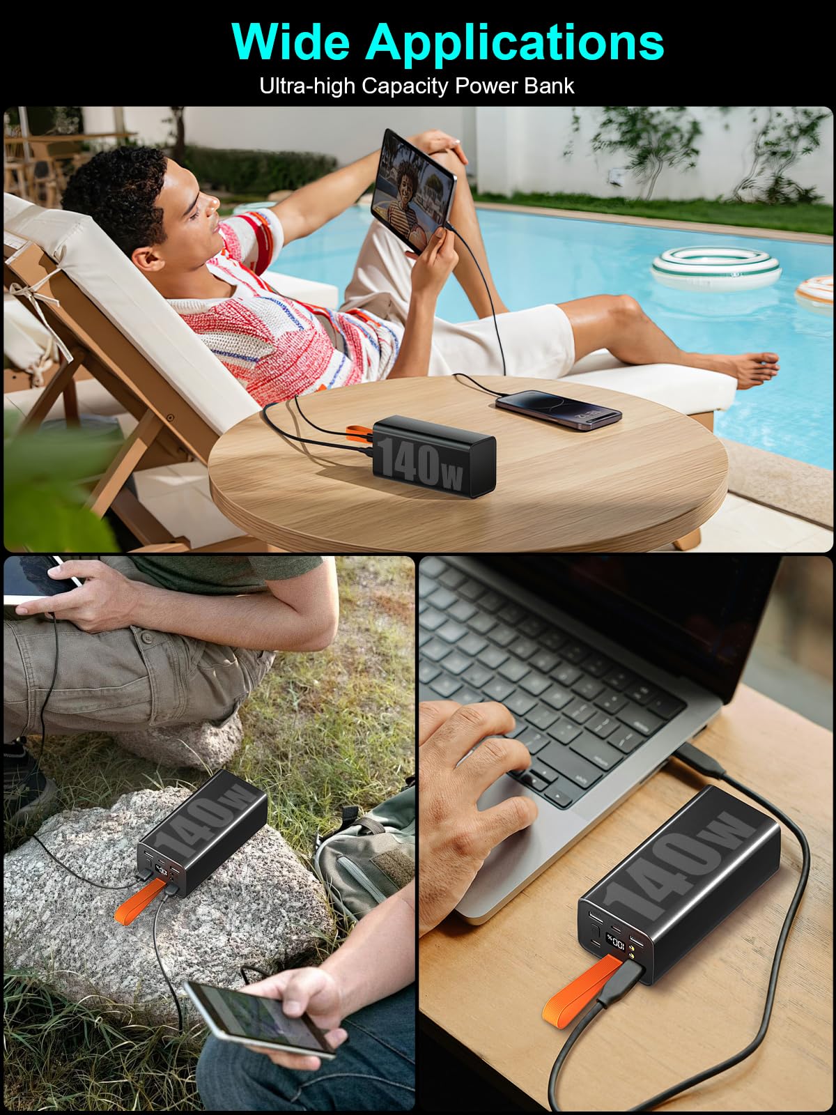 140W 70000mAh Power Bank, Laptop Powerbank USB C Input&Output, Externer Akku mit 5 Anschlüsse für 5 Geräte gleichzeitig, Digitaldisplay, Taschenlampe, Für iPhone, MacBook, Reise, Büro (Schwarz)
