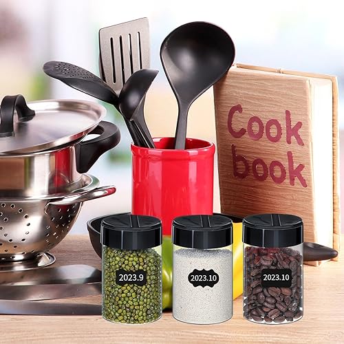 Miniatura 6 de Uiifan Paquete de 18 tarros grandes de plástico para especias de 10 onzas con tapas negras, botellas de especias transparentes y seguras con