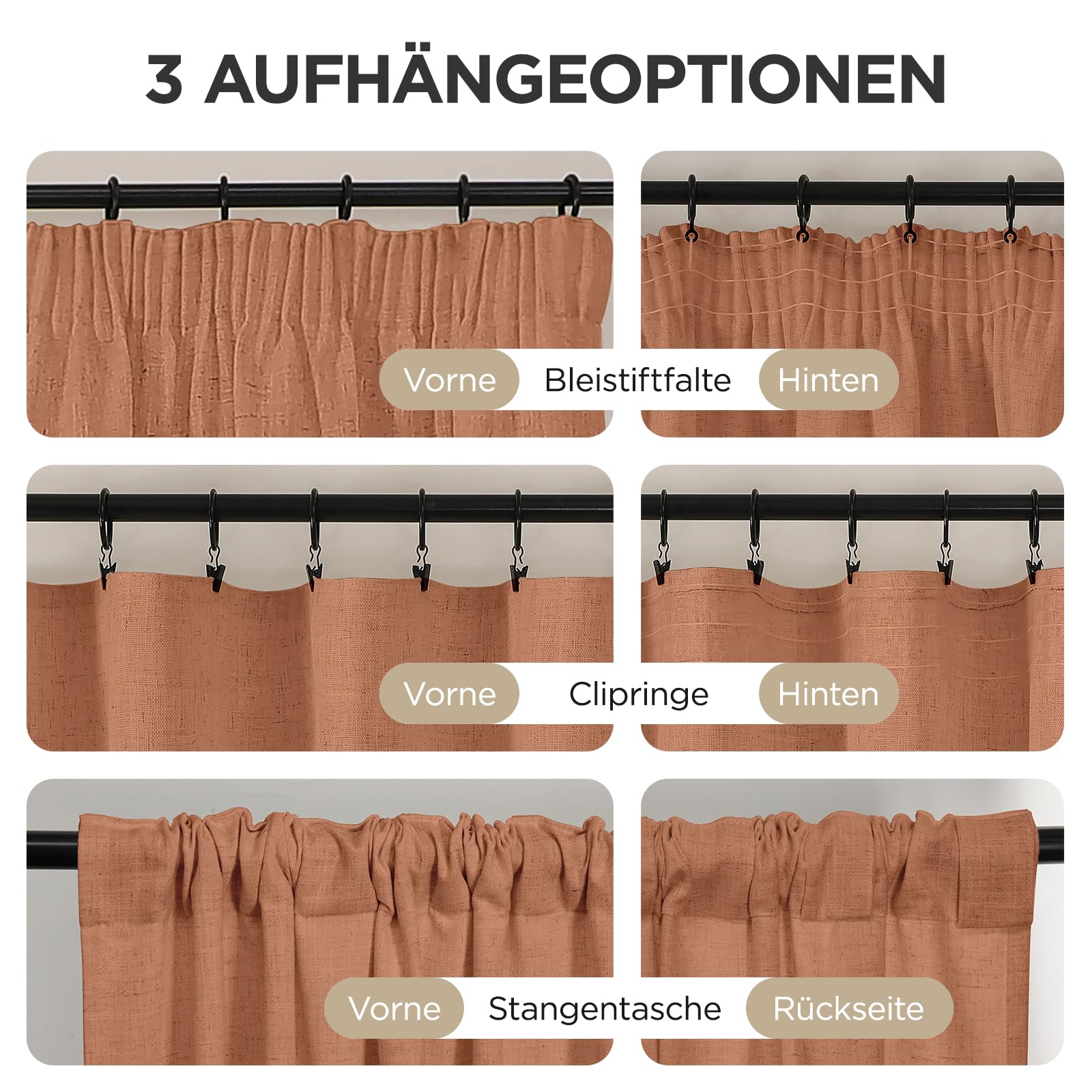 Joydeco Leinen Gardinen mit Kräuselband Terrakotta Vorhänge Wohnzimmer Modern Boho Leinenoptik Gardine Halbtransparent Vorhang für Schienensystem Curtains Bedroom 2er Set H 137 x B 117 cm