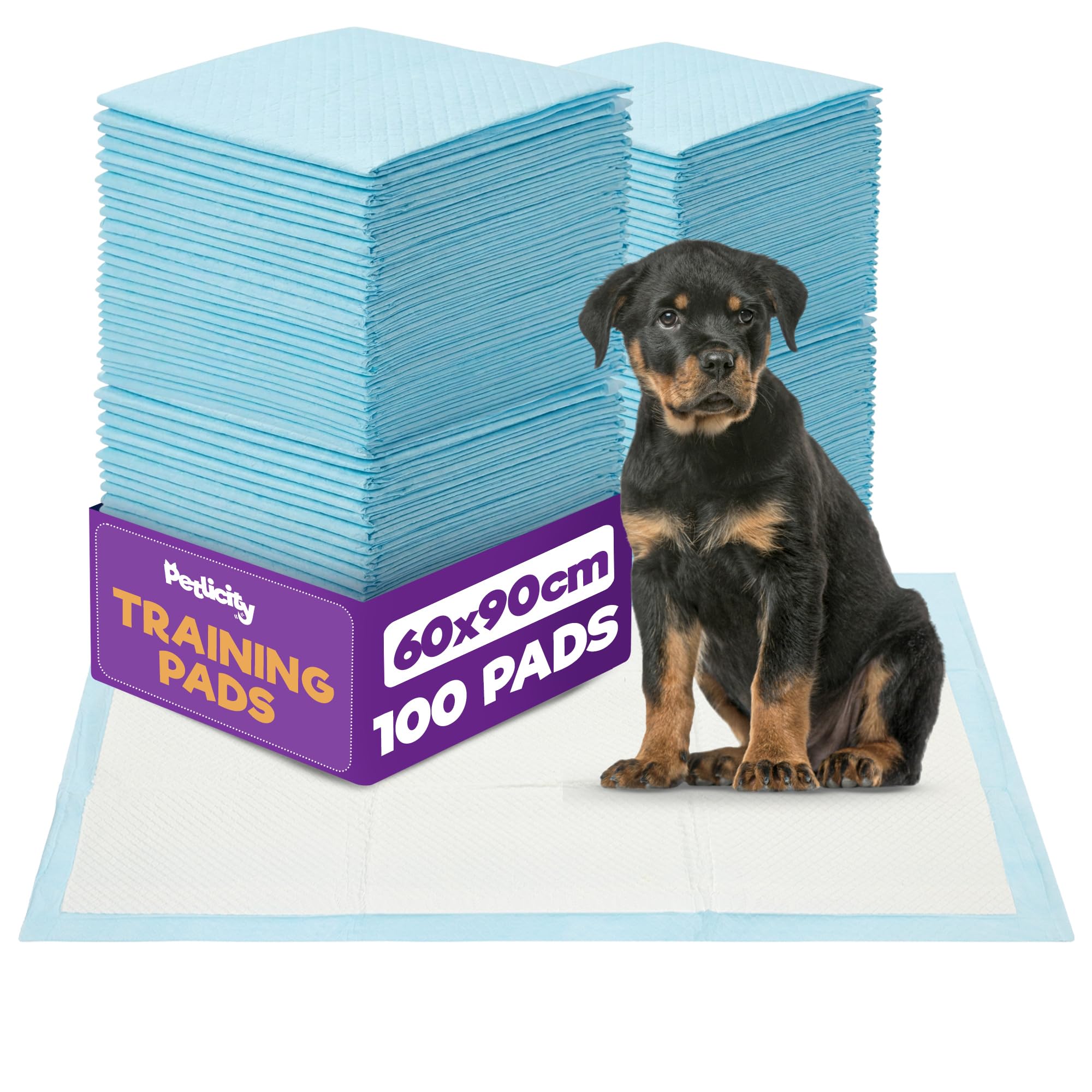 Petlicity 60x90cm Large Puppy Pads 100-pack - Disposable Puppy Training Pads, Highly Absorbent Leak-Proof Dog Training Pads, Premium Quality Quick-Dry Dog Pee Pad - Dog Mats for Pee, Puppy Pads Large
