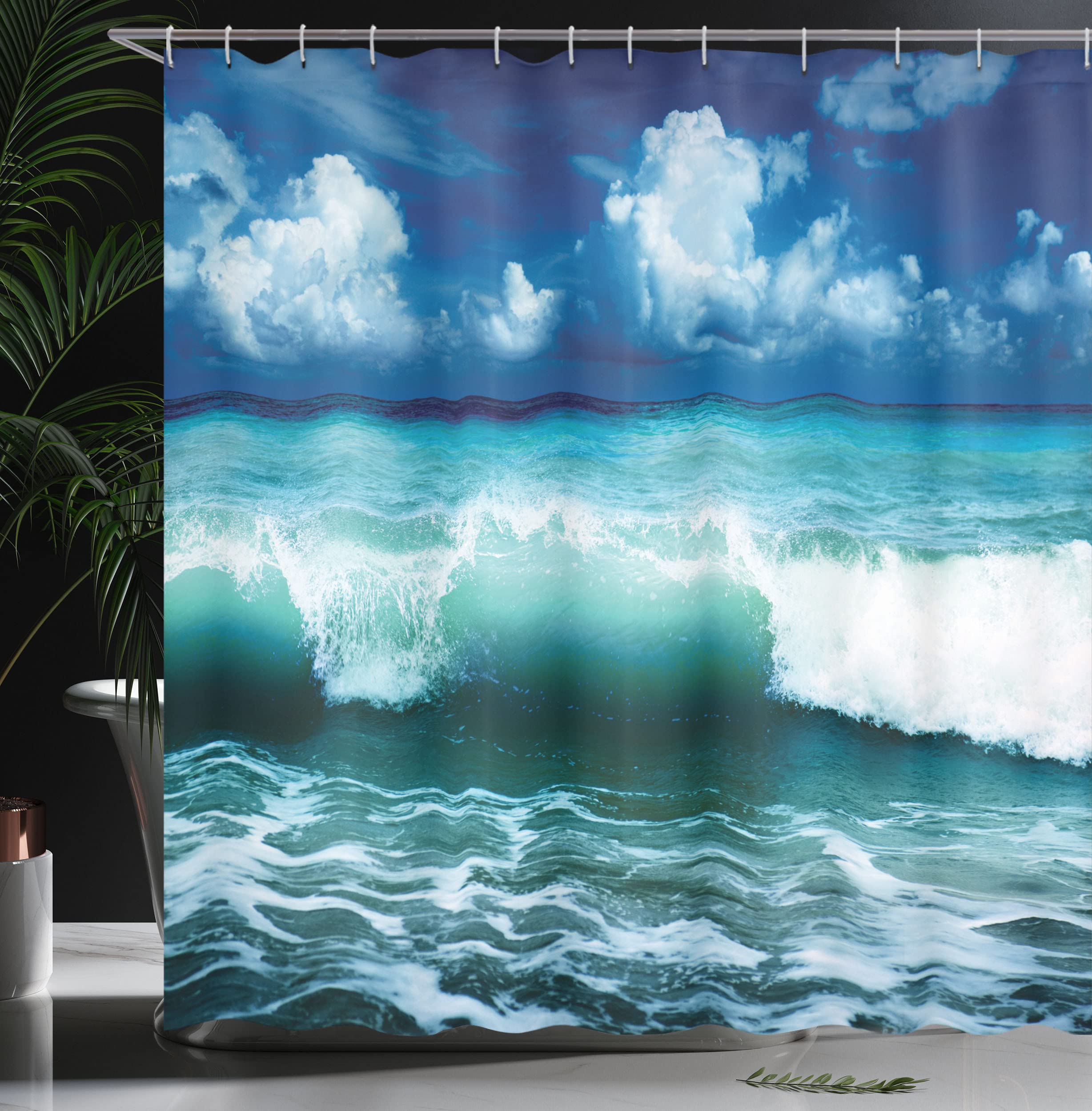ABAKUHAUS Ocean Shower Curtain, Caribbean Island Coast Seascape Waves Water Splash Surfing Sports Theme - Image 3