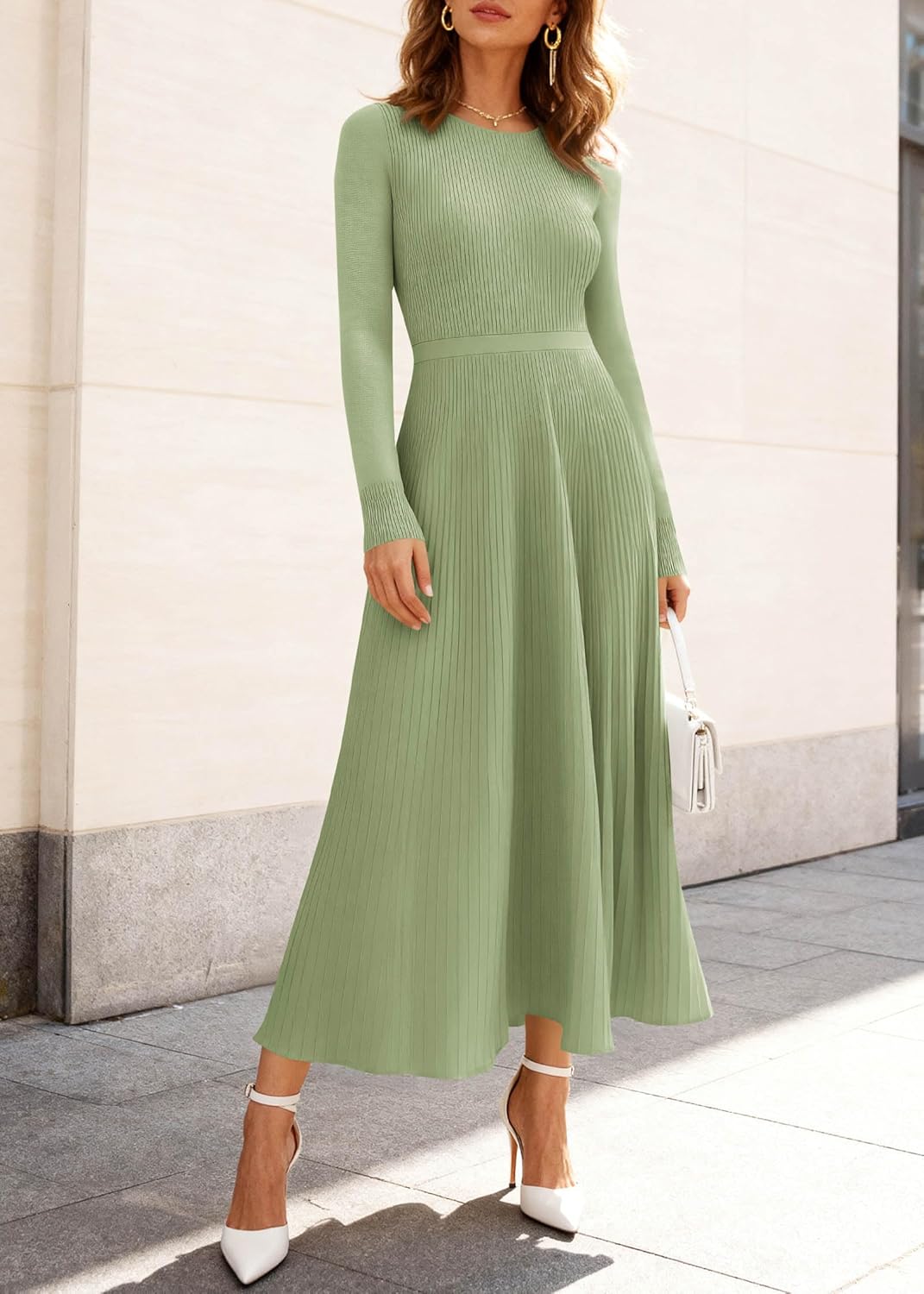 KIRUNDO Women Sweater Dress Holiday Ribbed Knit Long Sleeve Slimming Maxi Dress Fall Pleated Elegant A Line Winter Dresses - Image 3