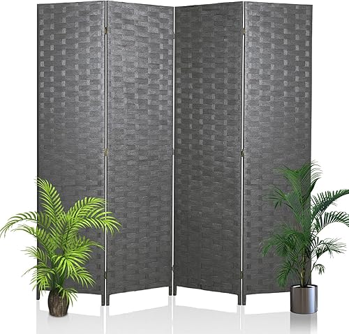 Miniatura 8 de Divisor de habitación, divisor de pared de 6 pies, pantalla de madera, 4 paneles, malla de madera, diseño tejido a mano, divisor de pantalla de