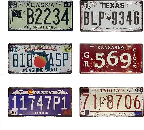 Placas de matrícula vintage, decoración de matrícula, placas antiguas, mercancía que muestra los años 70, decoración estética de la habitación de