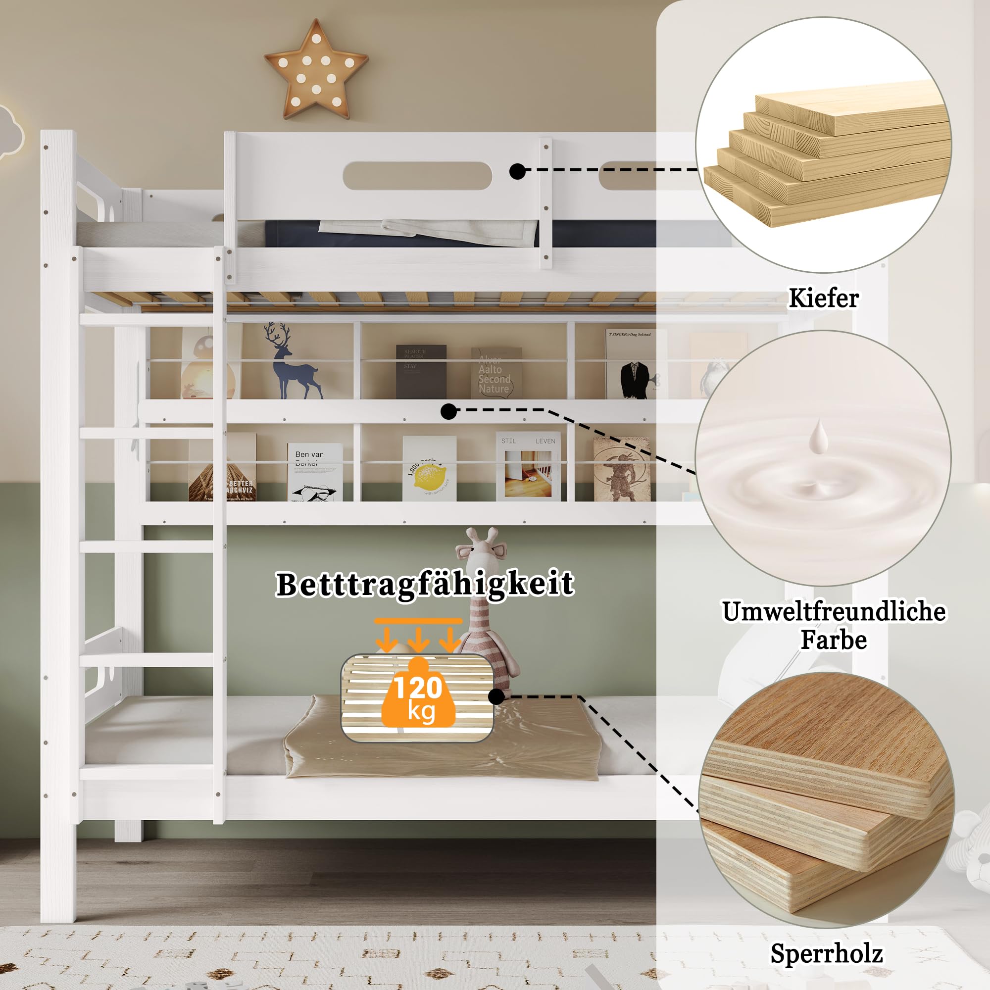 Azkoeesy Letto a castello con libreria per ragazzi e adulti, colore bianco, 90x200 cm - con sponda e doghe - legno di pino - portata massima 120 kg