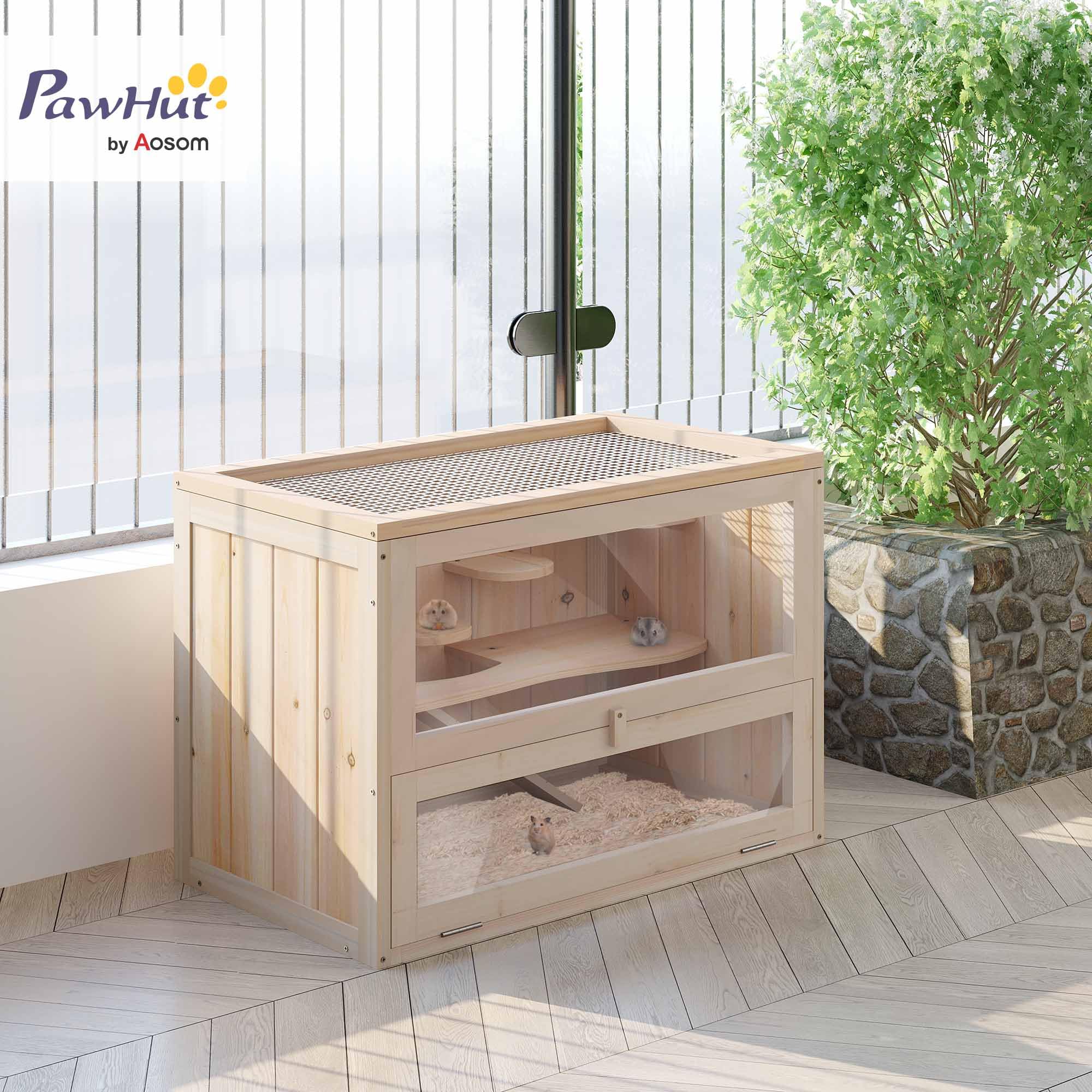 PawHut Jaula Madera para Hámster Ratoncillos Roedores Casa para Animales Pequeños 2 Niveles 60x35x42cm