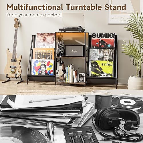 Miniatura 5 de ZIFTY Soporte para tocadiscos de vinilo con soporte de pantalla de 6 niveles, soporte para tocadiscos de luz LED para 300 álbumes, estante