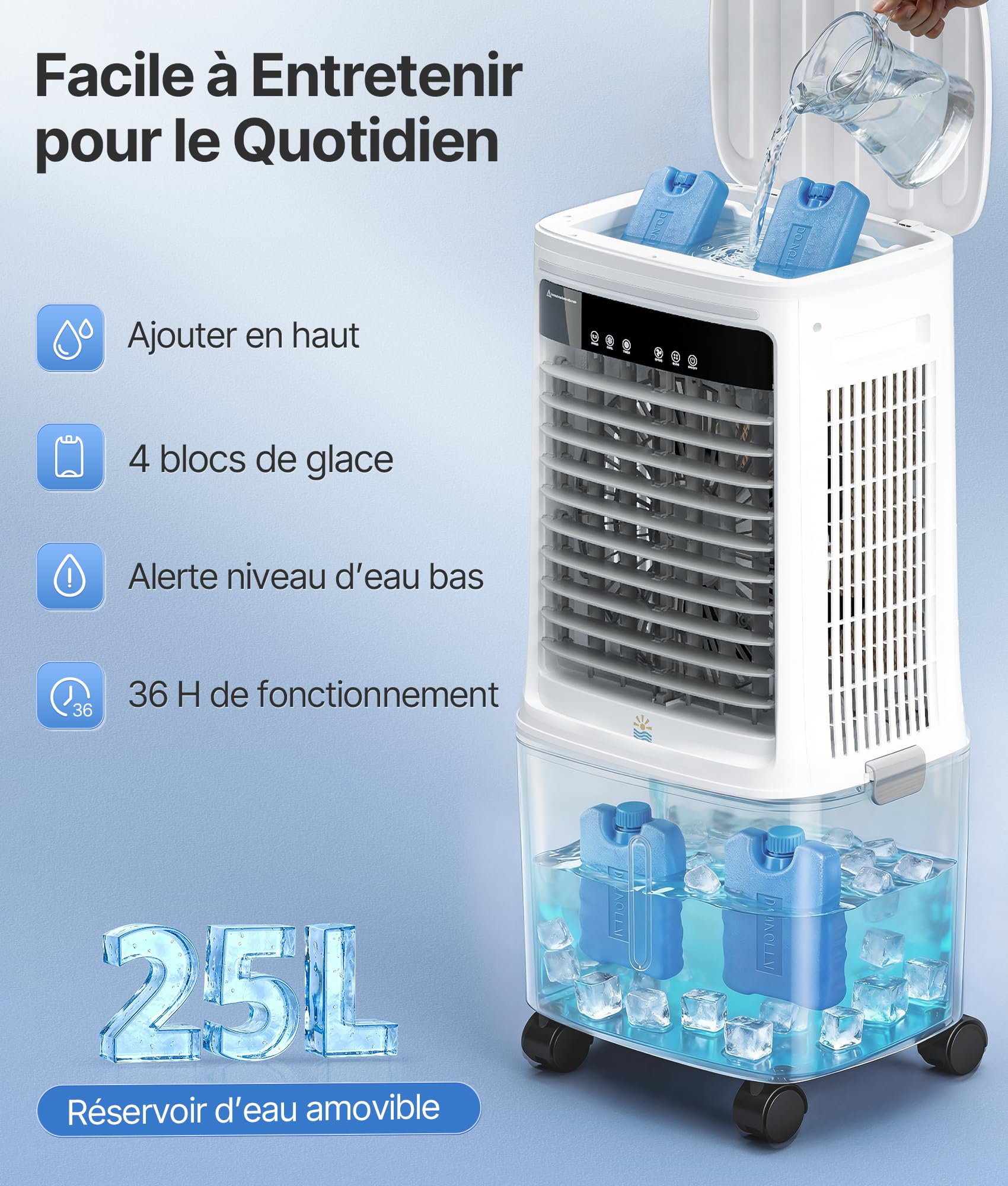Rafraîchisseur d’Air Mobile 25L avec Eau - Alternative Auclimatiseur Mobile Sans Évacuation, Oscillation 80°, Télécommande, Minuterie 12H, pour Appartement & Atelier, Blanc