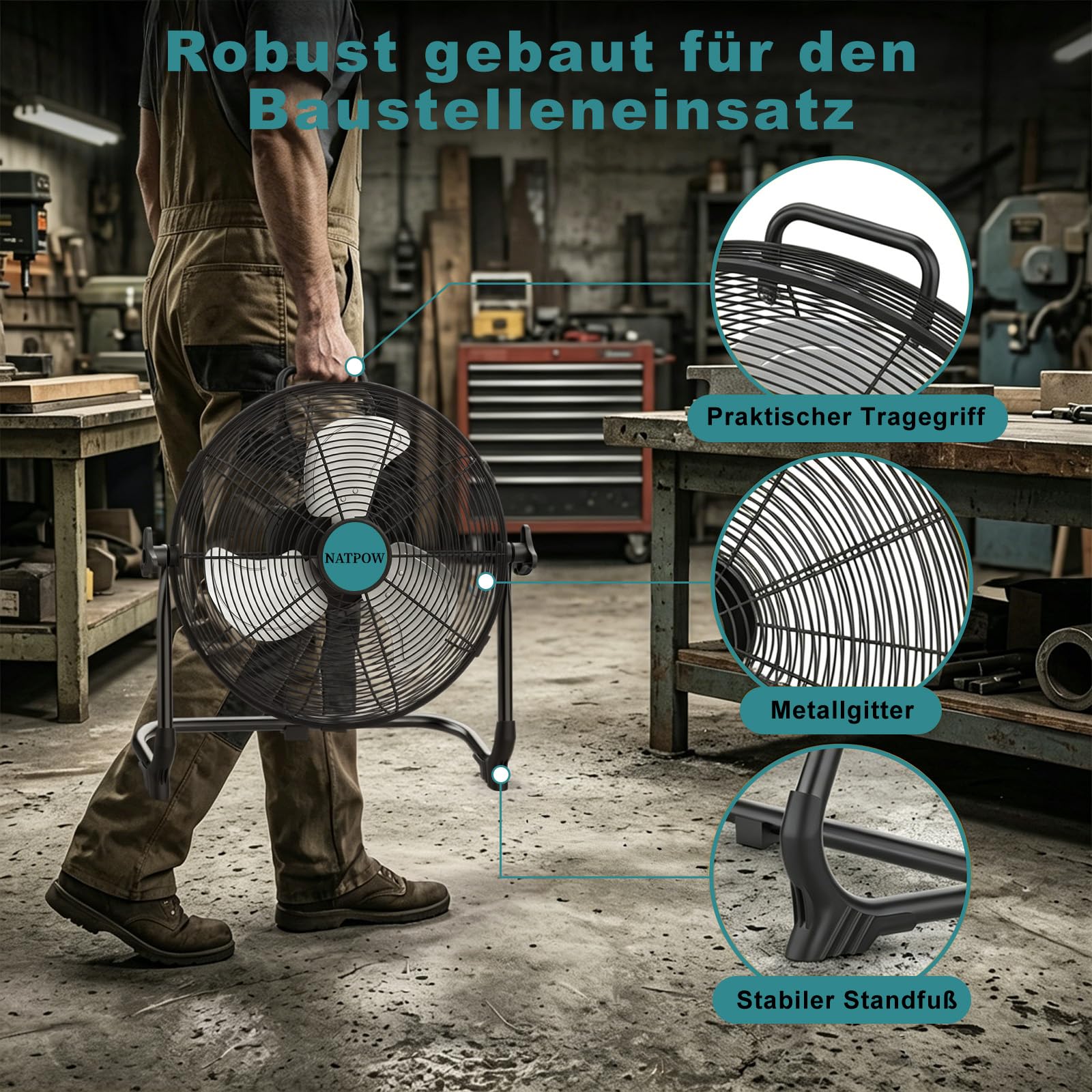 NATPOW Akku Bodenventilator, Kompatibel mit Makita 18V-Akkus, 30cm Ventilator Leise mit Typ C und USB-Aufladung, Stufenlos Drehzahlregelung mit Adapter für Strand Camping Baustelle, Kein Akku