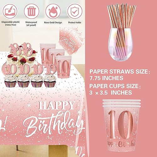 Miniatura 5 de Decoraciones de cumpleaños número 10 para niña  (Total 166 piezas) pancarta de oro rosa, fondos de aluminio, globos, platos y servilletas, tazas,