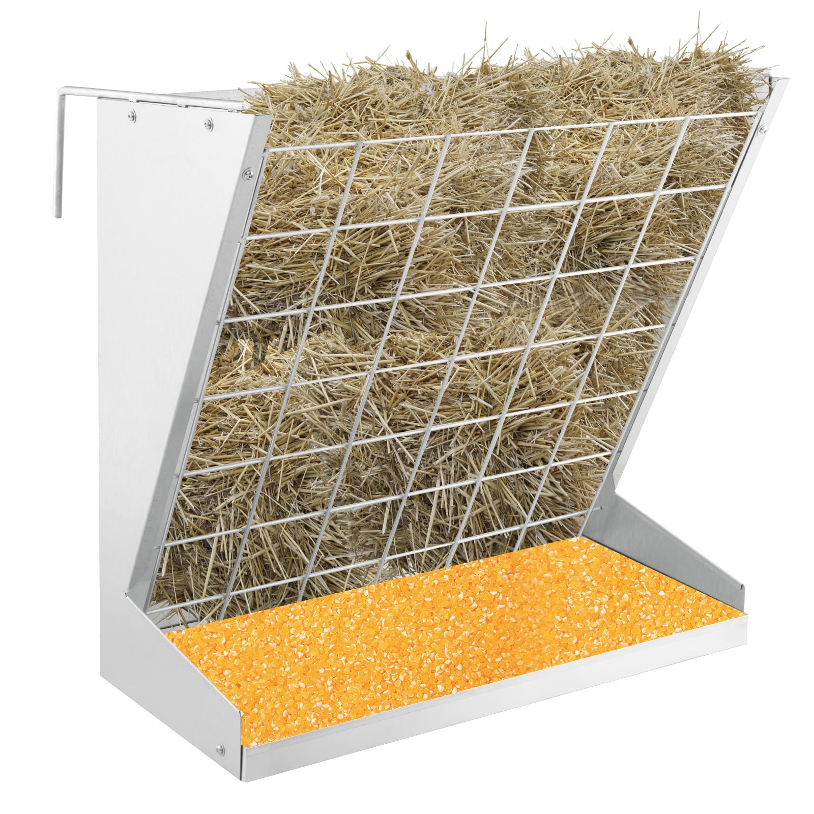 Giantex 22 Gallon Hanging Hay Rack with Grain Feeder - 28'' Heavy Duty Galvanized Metal Livestock Feeder, 2 Adjustable Hooks, Wall Mount Hay Holder for Horse, Sheep, Goats Farm