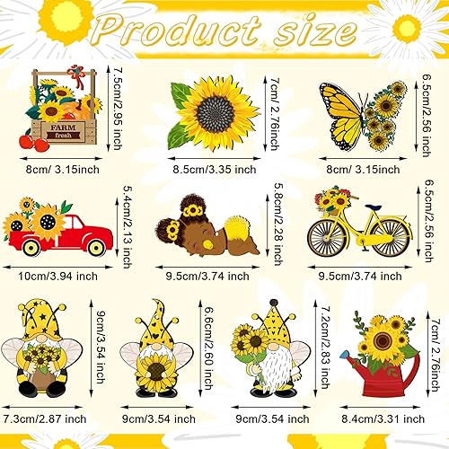 Miniatura 10 de Adorno de madera de gnomo de girasol, diseño de gnomo de flores amarillas, colgante de madera para árbol de verano con cuerda para suministros de