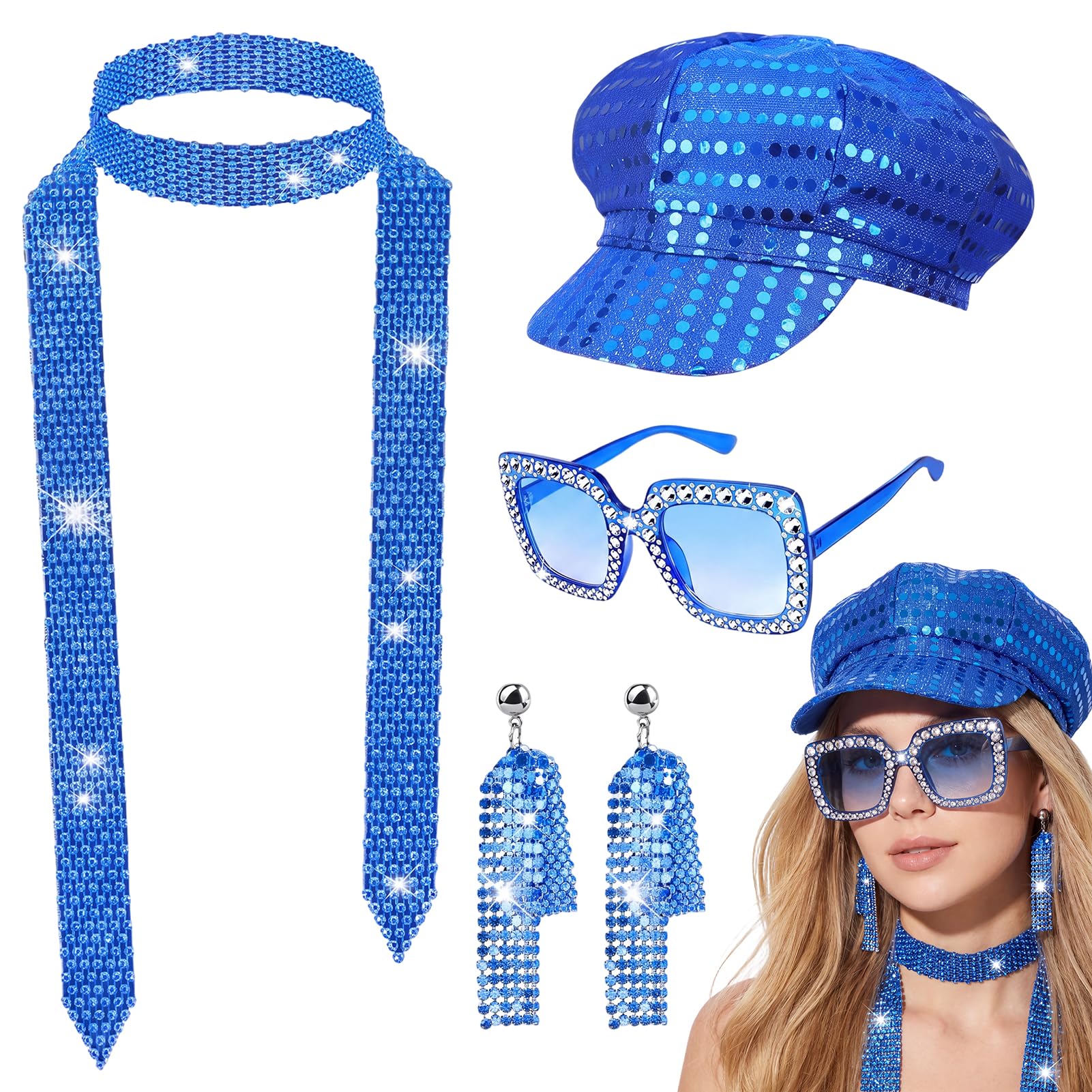 Raveparty Sequin Hat Abba Accessories Disco Accessories for Women with Hat Glasses Earrings for Women 70s Disco Retro Party (Blue2)