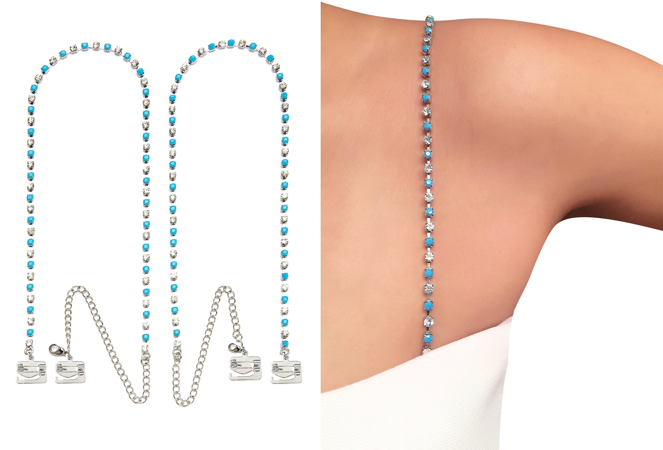 STRAP N' GUARDPIN STRAPS - Aqua Crystal Replacement Bra Strap, (w/ Pin Latch Hook), Dress Rhinestone Straps