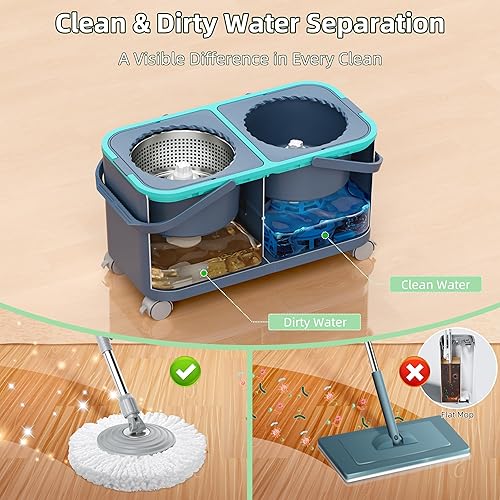 Miniatura 2 de Juego de trapeador giratorio de 360 y cubo, separa el agua limpia y sucia, mopa de piso con 6 cabezales de mopa lavables, fácil de rodar con 4