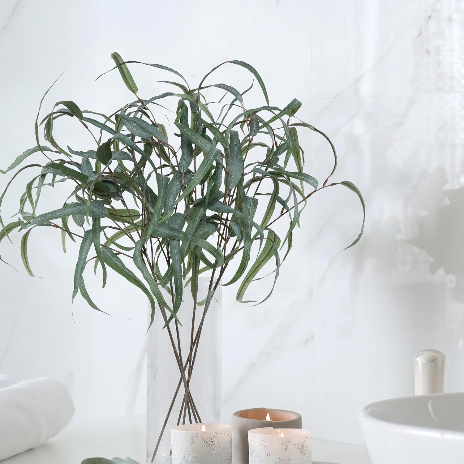 25.6" Artificial Willow Eucalyptus Stems 6 Pack Faux Eucalyptus Branches for Home Decor,Tall Flexible Fake Greenery Eucalyptus for Vase Arrangements in Living Room Bedroom Office (Long Leaves)