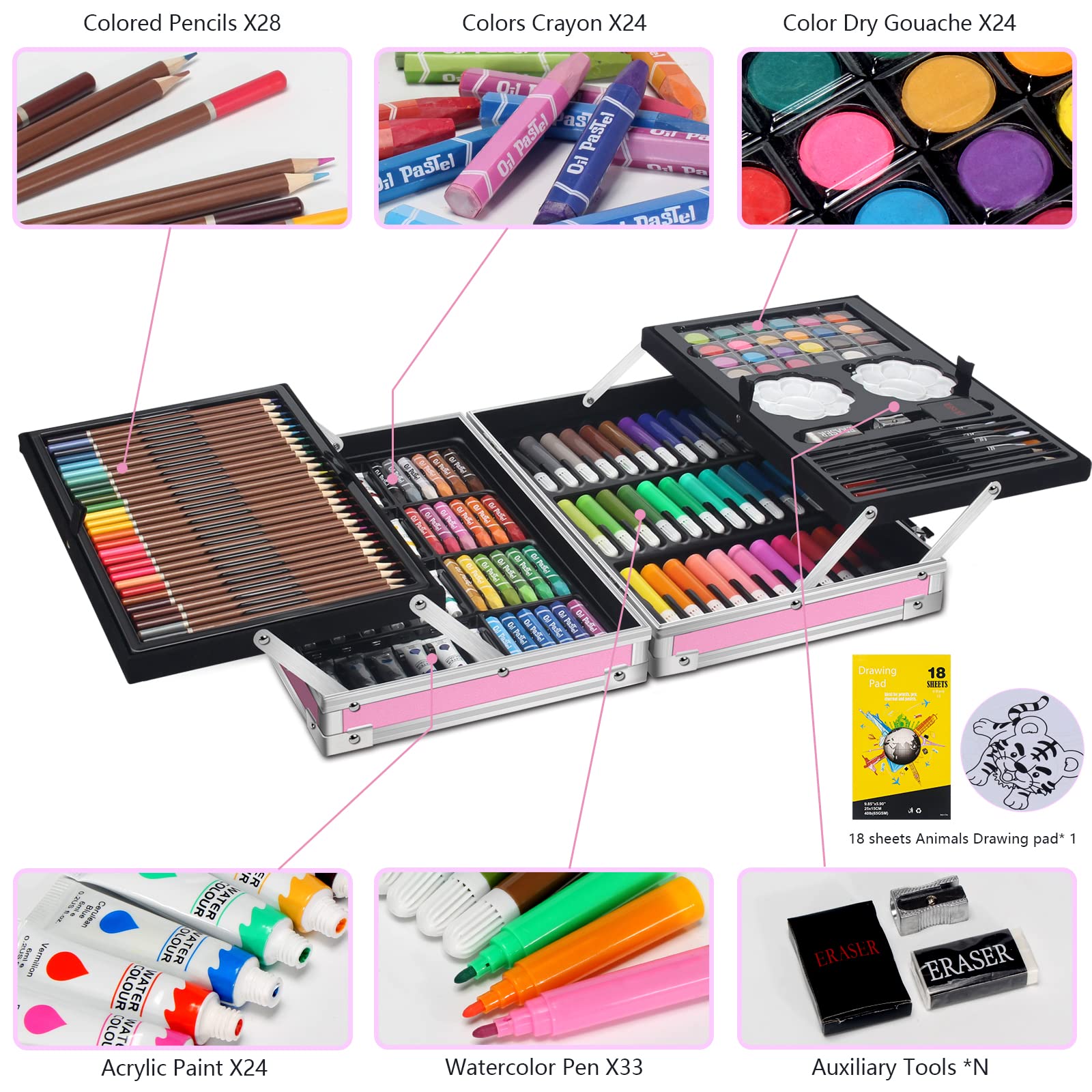 145 PCS Set Pittura e Disegno, Deluxe Mega Scatola in Alluminio, pennarelli, Colori ad Acquerello, pastelli, matite HB, Torte ad Acquerello, Pennello, Blocco da Disegno
