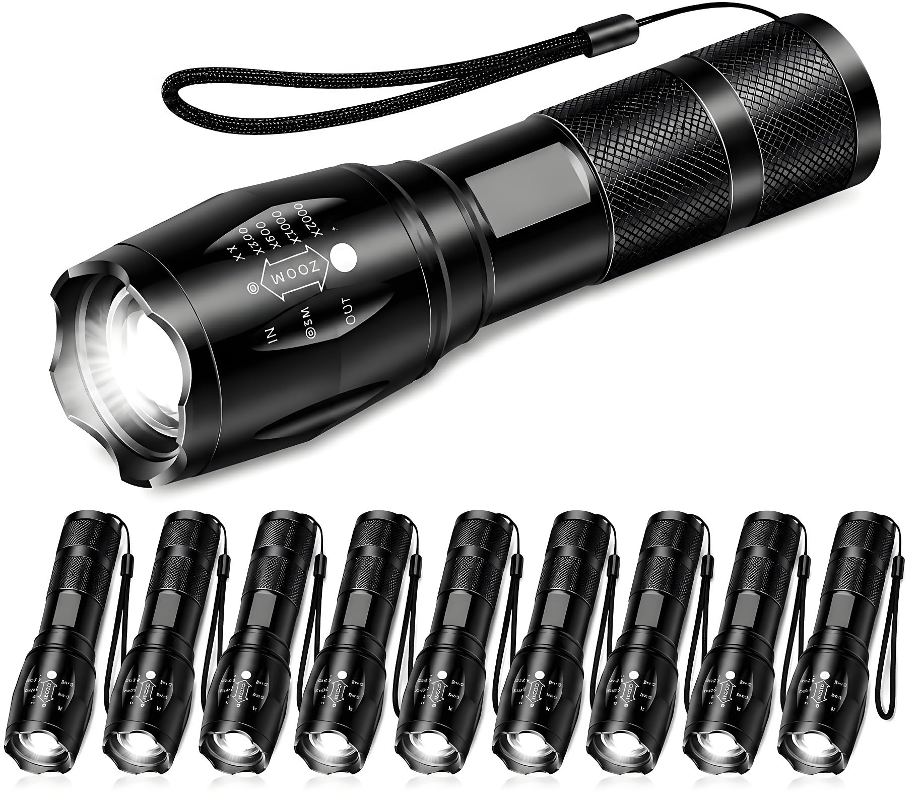 Confezione da 10 Torce Potenti Tattiche Luminose a LED ad Alta Luminosità con 5 Modalità, Impermeabile e Zoomabile, Torcia Portatile per Campeggio, Escursionismo, Attività all'Aperto, Casa, Emergenza