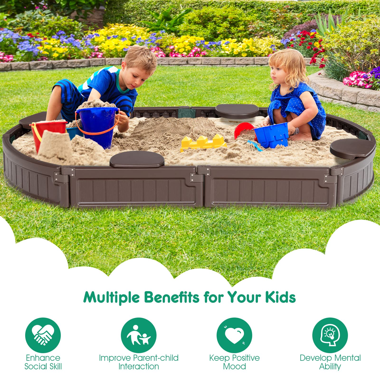 DREAMADE Bac à Sable pour Enfants avec Couverture, Bâche de Sol et Sièges - pour Le Jardin Outdoor (Ovale)