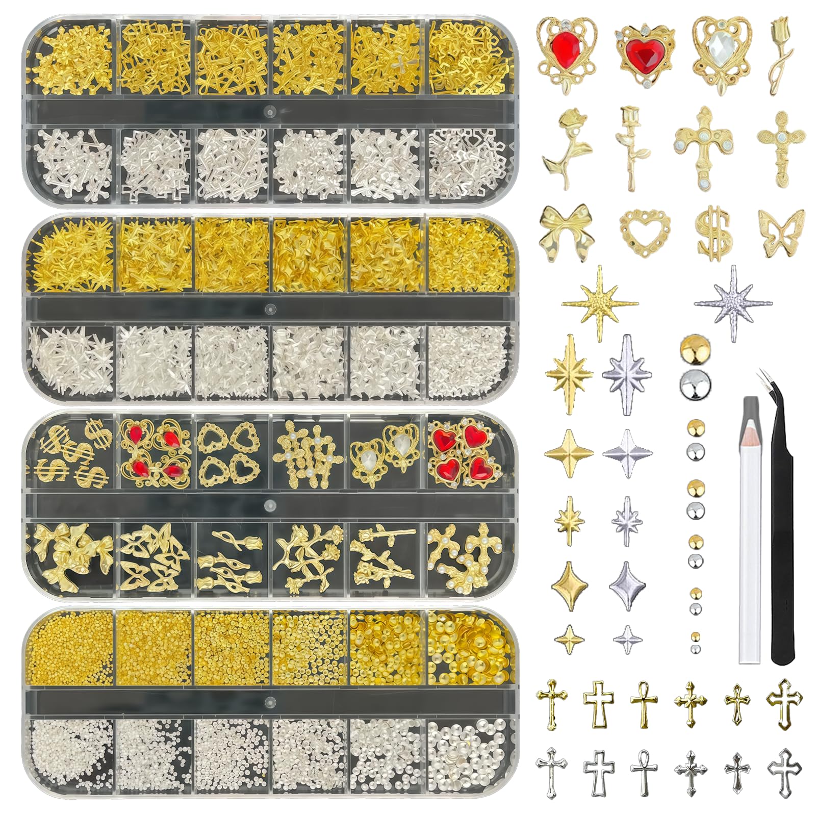 Juego de dijes y gemas doradas para uñas, 4 cajas de gemas para uñas, herramientas de arte de uñas, dijes de cruz 3D, diamantes de imitación de corazón para suministros de uñas, dijes para