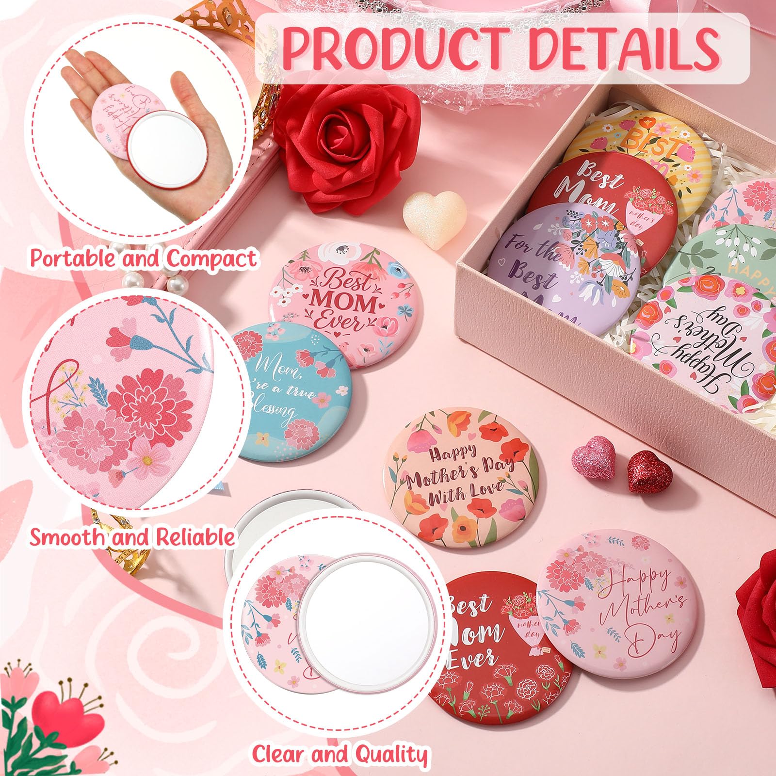 Landical 20 Sets Mother's Day Mirror Gifts Bulk Mini Compact Mirrors Small Thank You Mom Gifts 2.76 Inch Portable Round Pocket Makeup Mirror for Mothers, Women, Coworkers, Mother's Day Party Favors - 3