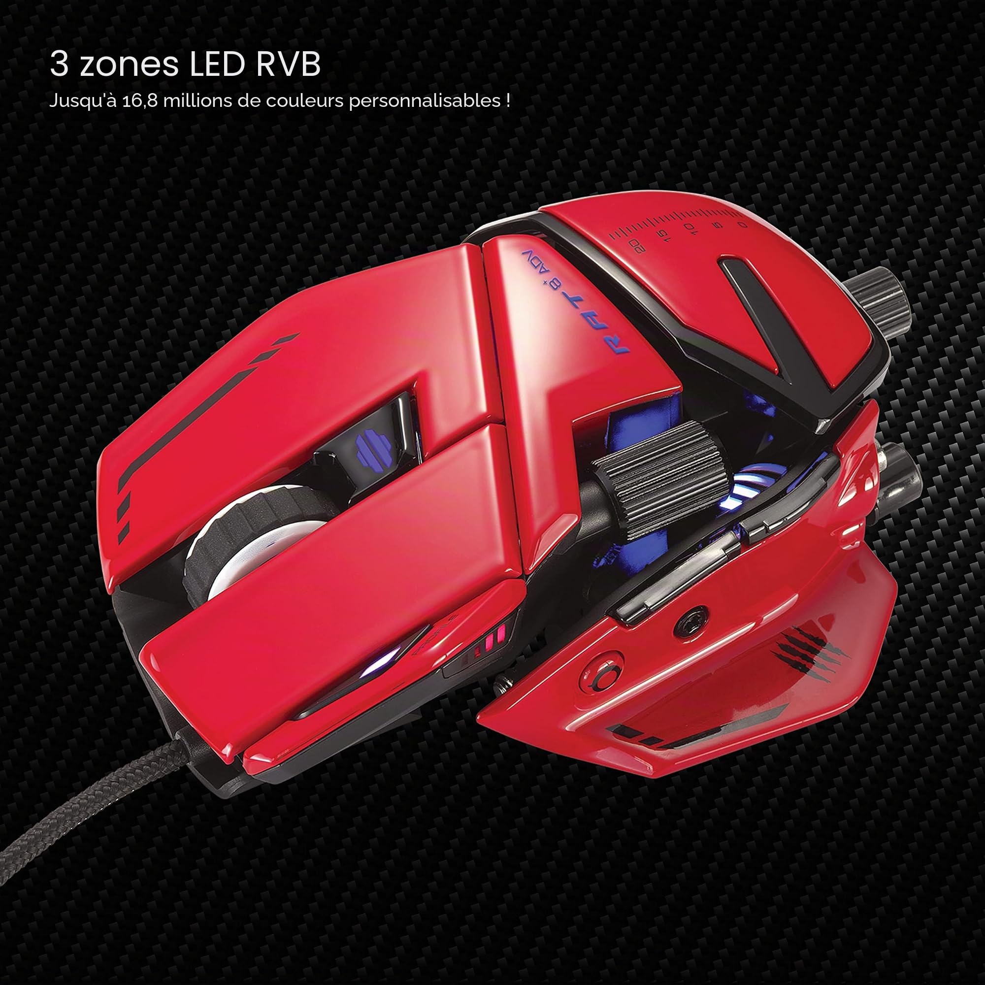 MAD CATZ CATZ R.A.T. 8+ ADV Souris de Jeu Filaire entièrement réglable - Base en métal - 20 000 DPI - 11 Boutons programmables - 4 profils utilisateur stockés Directement - LED RVB Personnalisable -