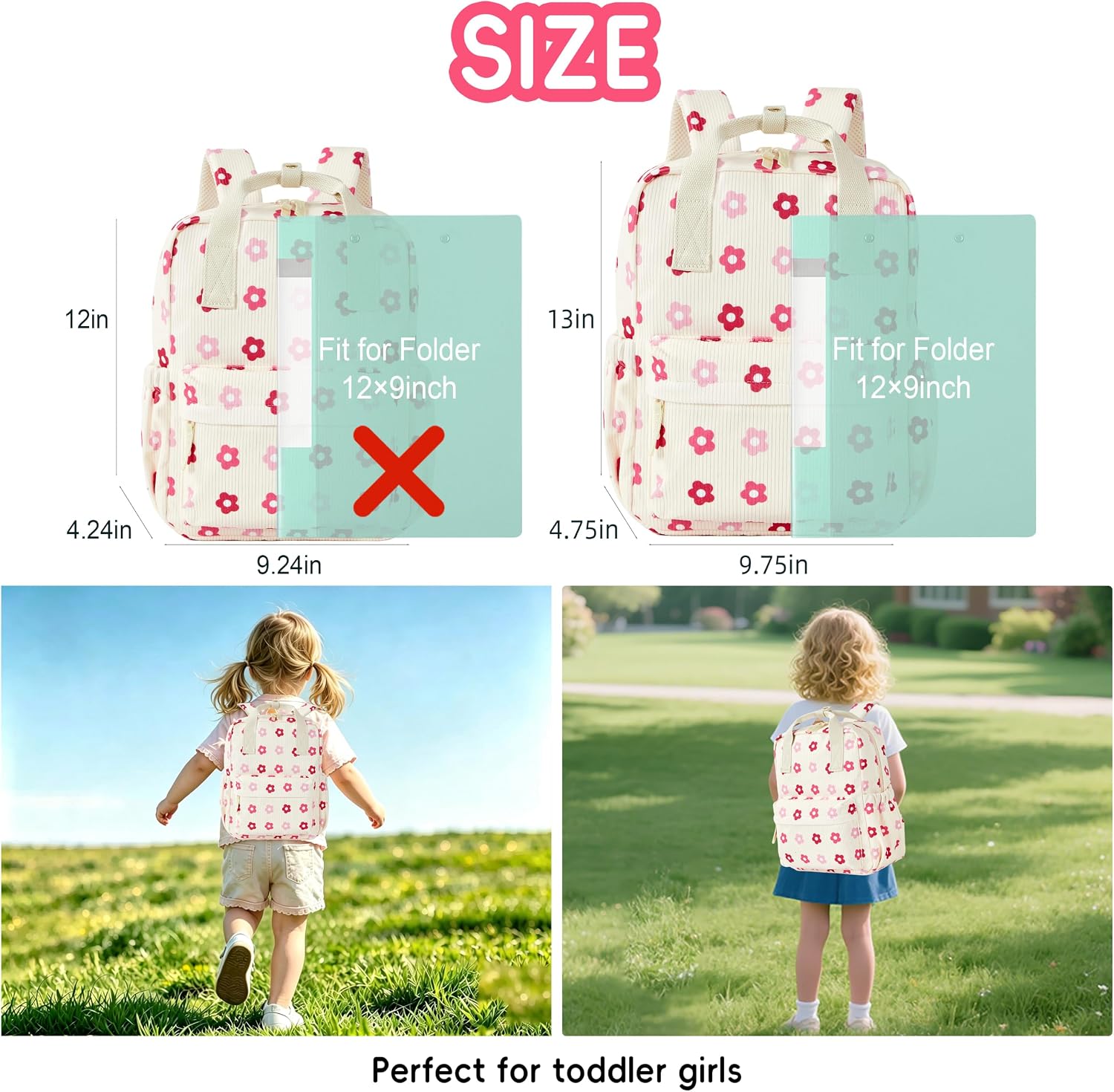 Mini Corduroy Toddler Backpack Bookbag School Bag for Toddlers Girls and Boys Preschool Daycare Kindergarten 12'' H Lightweight(12'', Floral-Beige Corduroy) image 3