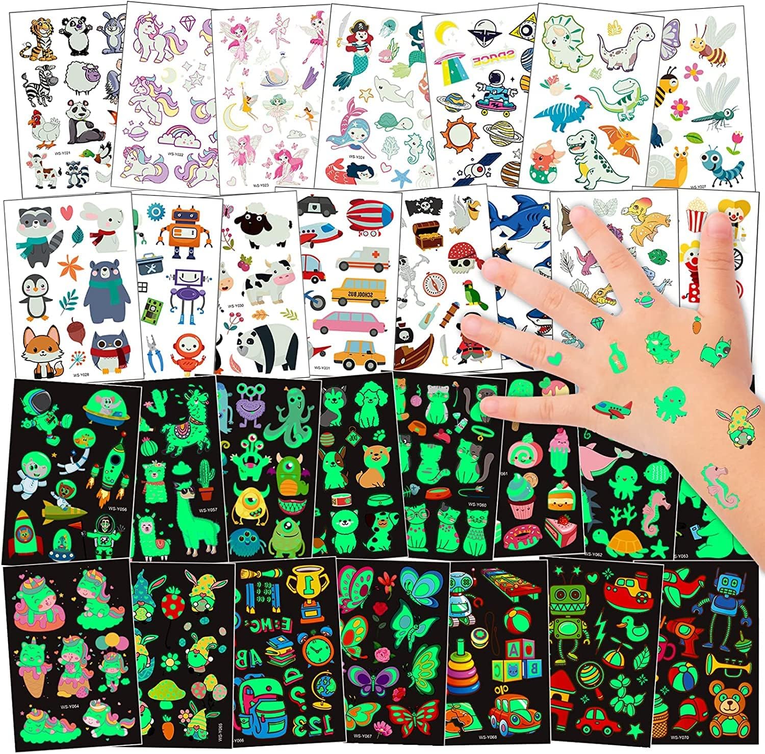SYOSI Luminous Tattoos, Fake Tattoo Stickers with Butterfly Dinosaur Space Theme, Temporary Tattoos for Kids Boys Girls Birthday Party Gift Bag Fillers, 300+Mixed Style, 30 Sheets
