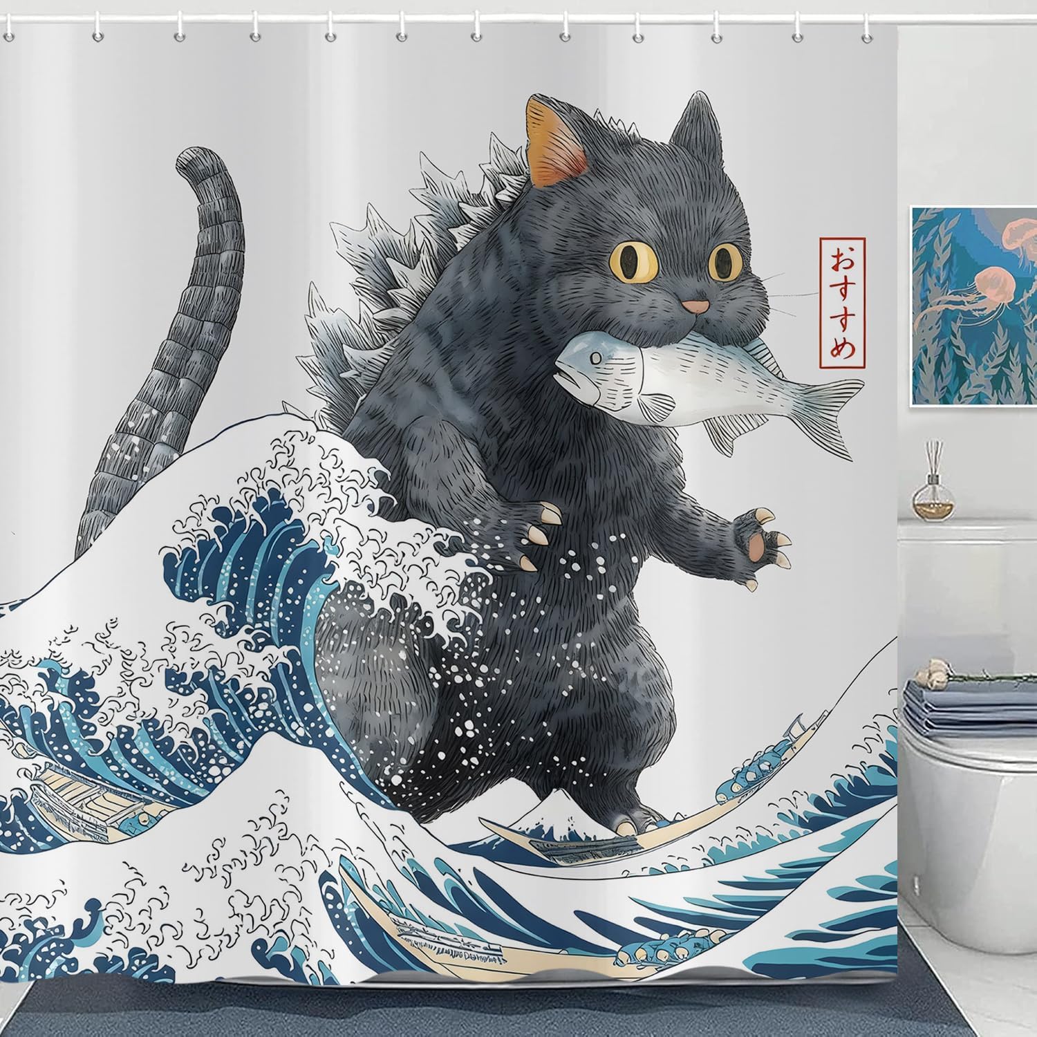 YEGRFJIS Funny Cat Shower Curtain Waterproof Washable, 260x200cm(WxL) Wave Bath Curtain with Hooks, Japanese Kaiju Art Bathroom Decor, Moisture Proof Bathtub Curtain