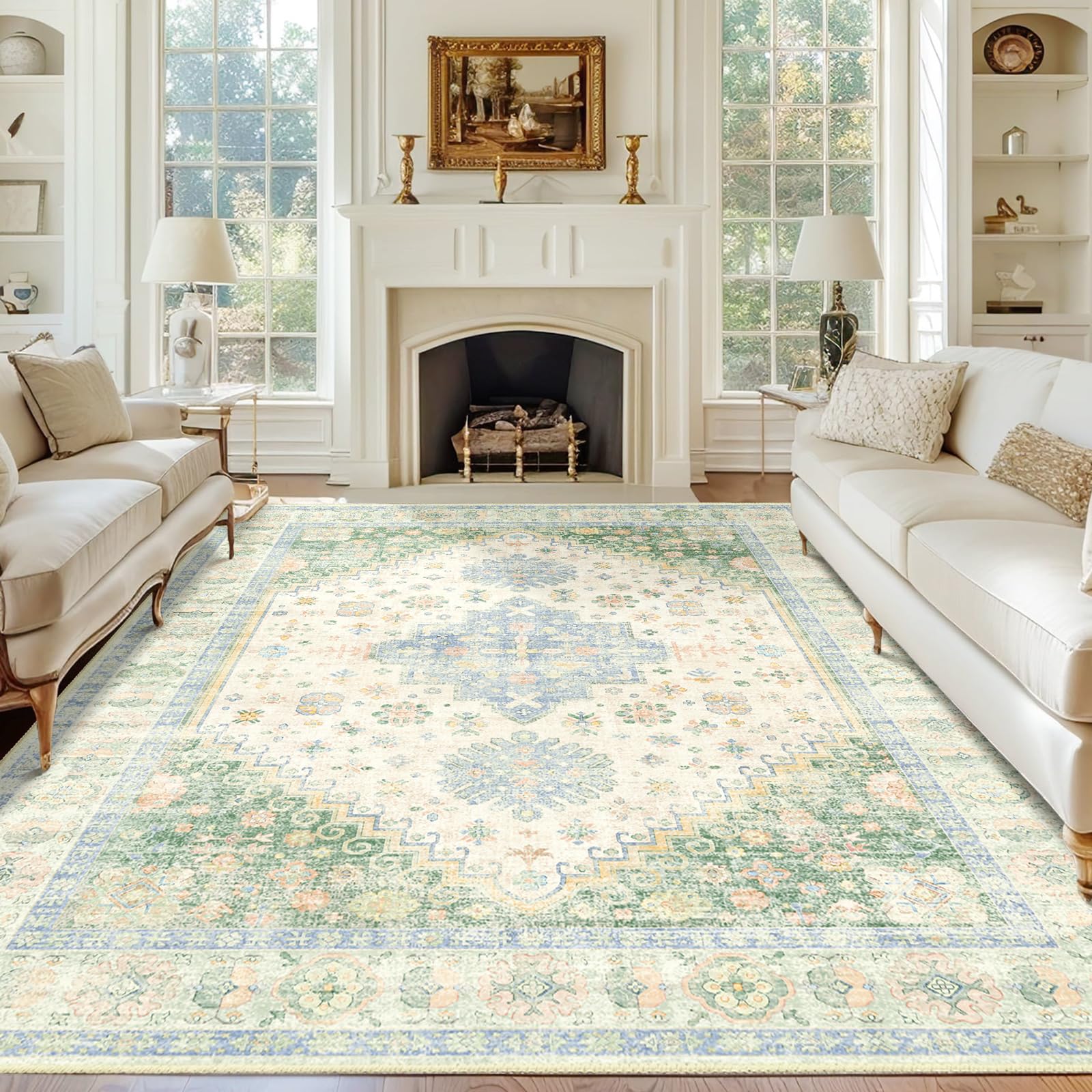 MUJOO 8x10 Area Rugs,Washable Rugs for Living Room Dining Room Bedroom,Large Boho Throw Carpet,Non Slip Big Indoor Low Pile Light Green and Blue