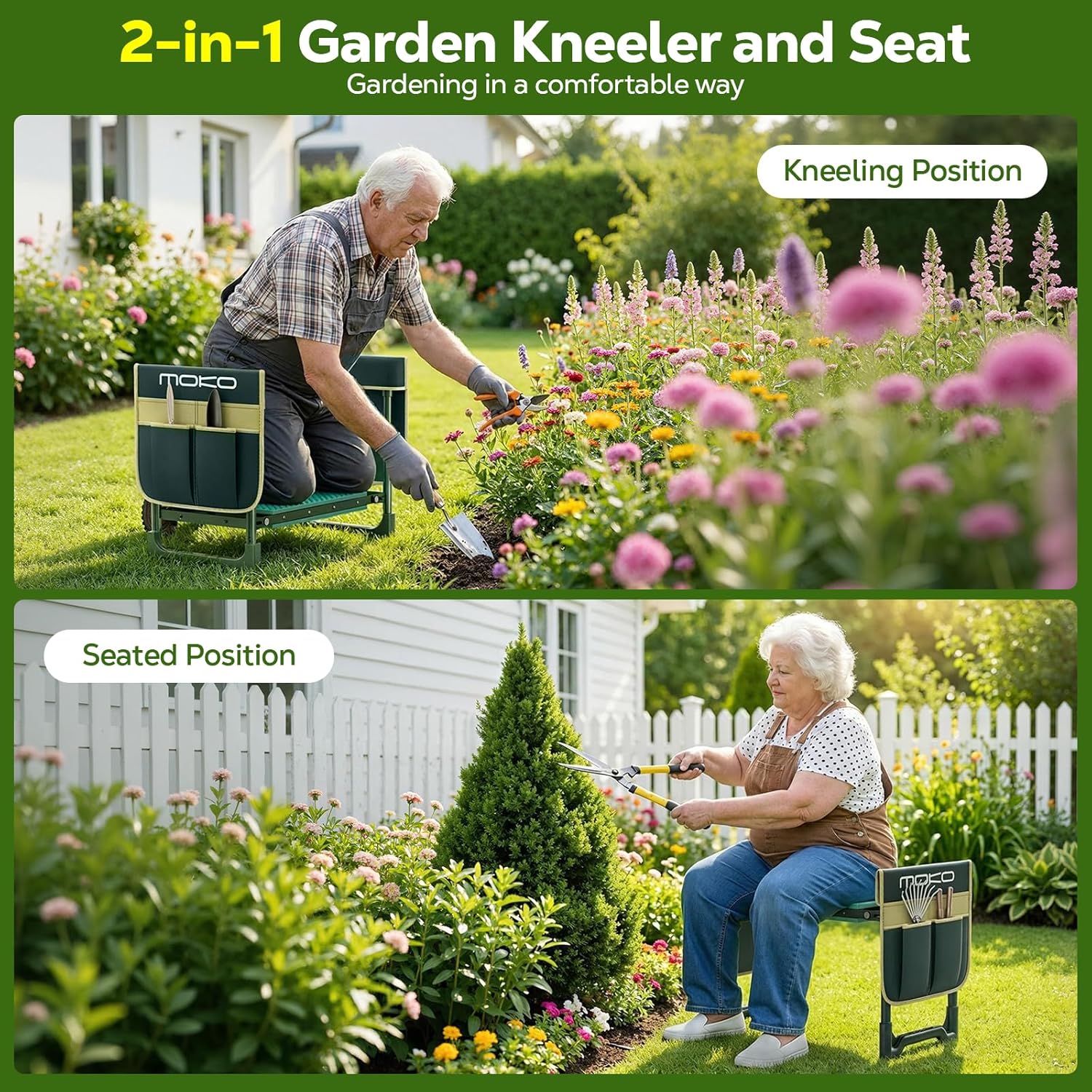 MoKo Garden Kneeler, Heavy Duty Garden Kneeler and Seat Supports up to 350Lbs, Gardening Stool with LargeTool Bag, Foldable Kneeling Stool Space Saving, Gardening Gifts for Women, Seniors, Dark Green