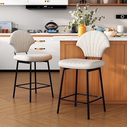 Miniatura 7 de Juego de 4 taburetes de bar en forma de concha, taburetes de bar de altura de mostrador con respaldo, sillas de isla con patas de metal y