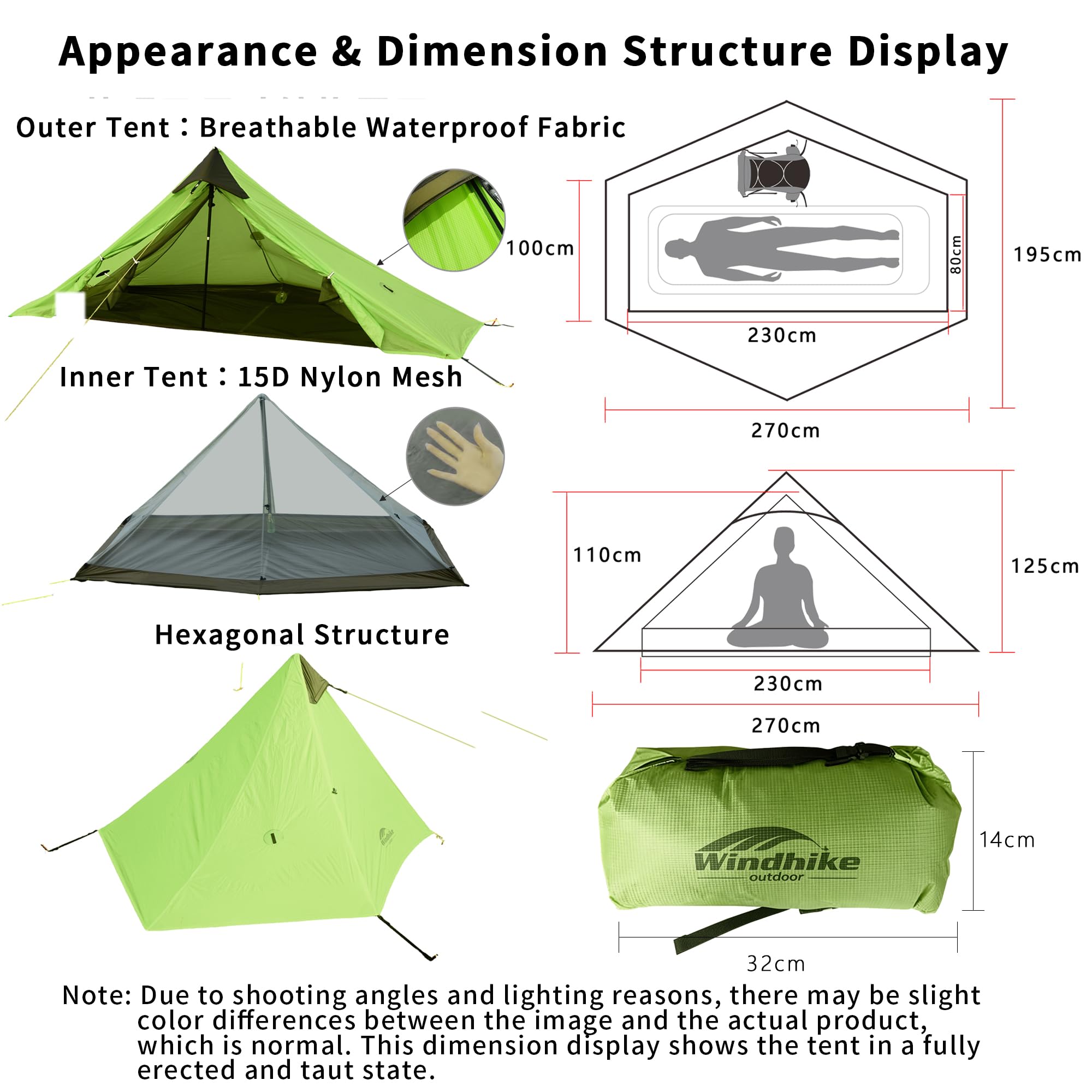 Windhike Tente ultra légère 0,92 kg, sans barres, pour 1 personne, tente de trekking, double couche, facile à monter, bien ventilée, PU 5000 mm imperméable et coupe-vent, pour la randonnée