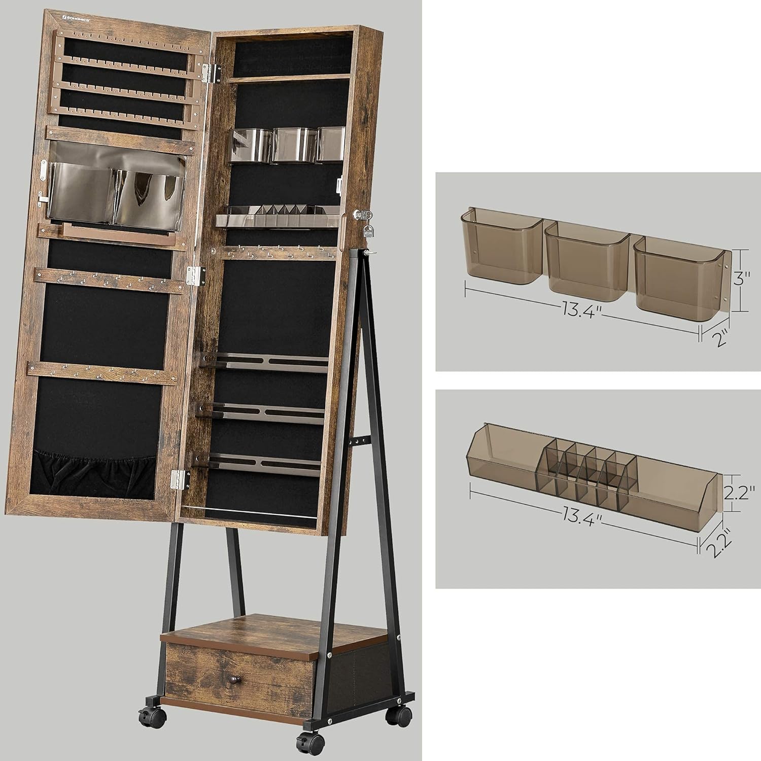 SONGMICS Jewelry Cabinet Floor Standing, Lockable Jewelry Organizer with High Full-Length Mirror, Bottom Drawer, Shelf, Wheels, Rustic Brown and Black UJJC004X01 : Everything Else