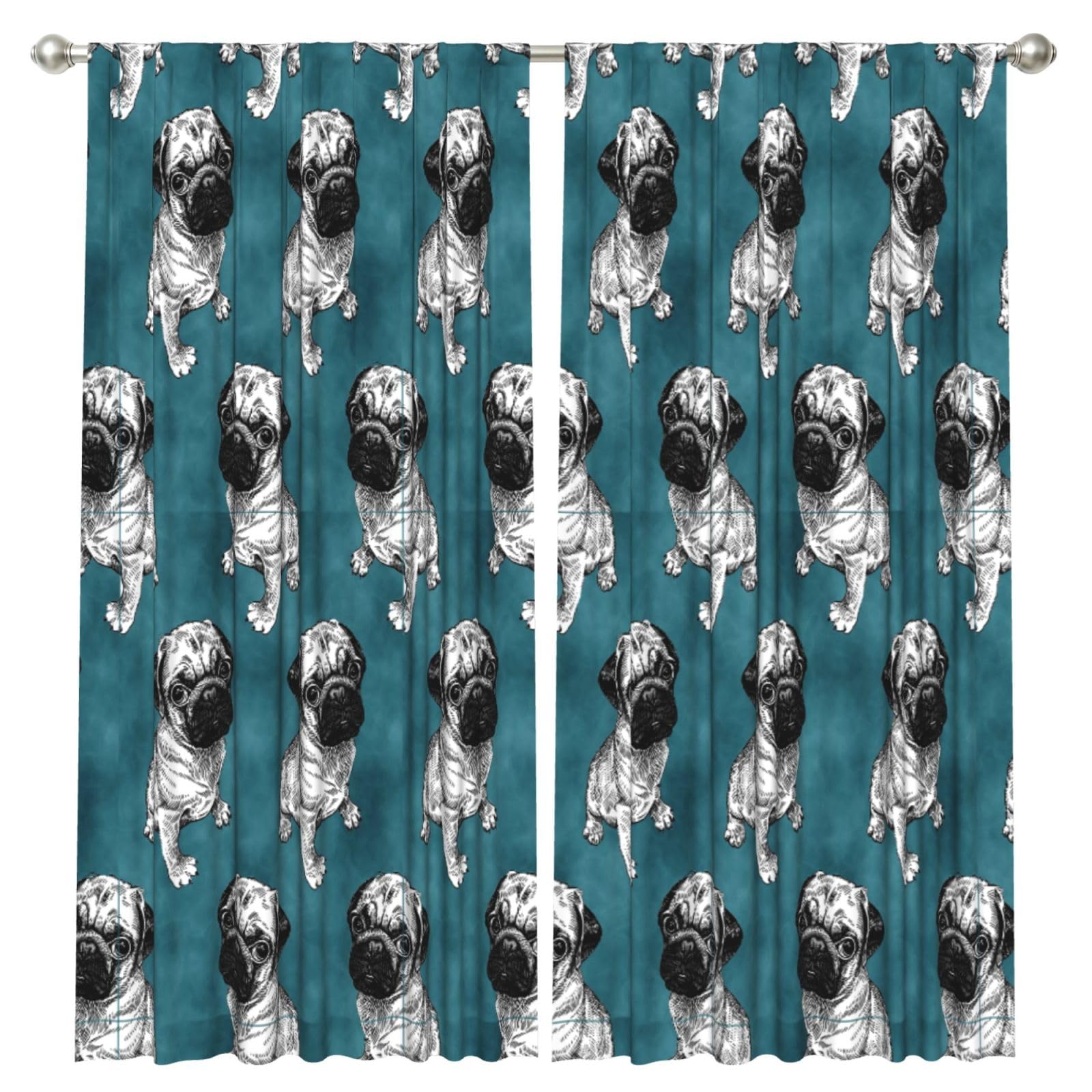 InOmak Pug Dark Teal, 2 Panels Window Curtains 52 x 84 Inch Blackout Curtains for Living Room Bedroom