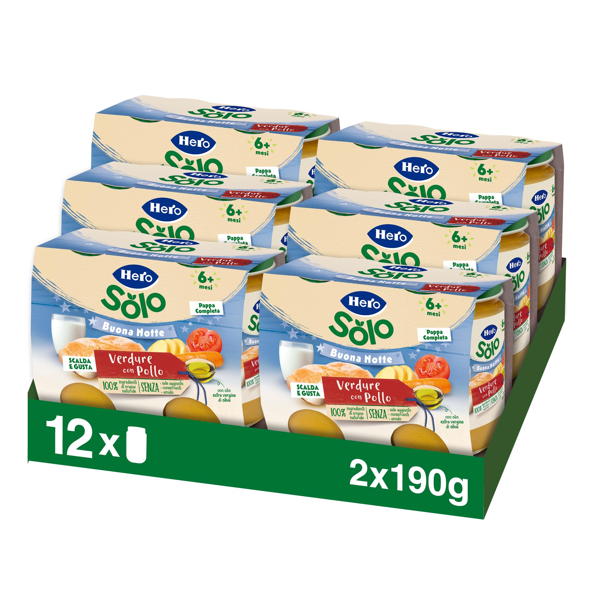 Hero Solo Pappa Completa Verdure con Pollo, Ideale per la Cena - Scalda e Gusta - con Olio Extravergine di Oliva - Per bambini dai 6 mesi - 6 x (2x190 g)