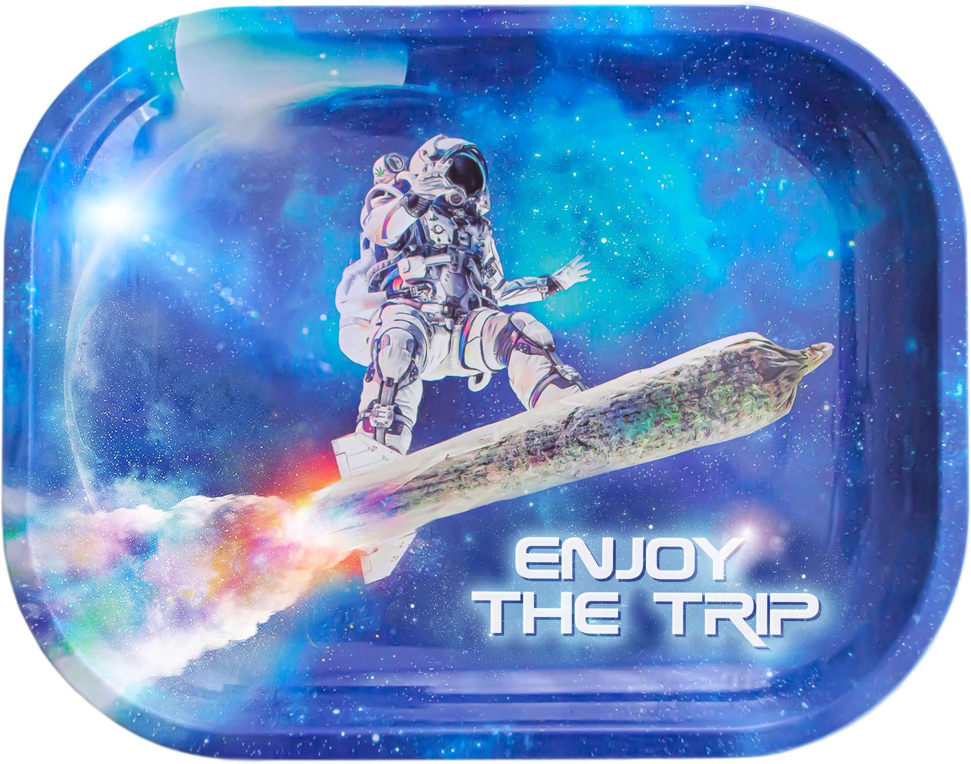 Metal Rolling Tray (Astro Surfer, Travel Size) Rolling Trays for Rolling Papers, Rolling Machine, stash Box, raw Cones | Small | Galaxy Astronaut Cool Stuff | ash Tray Set | dab Accessories Smoking