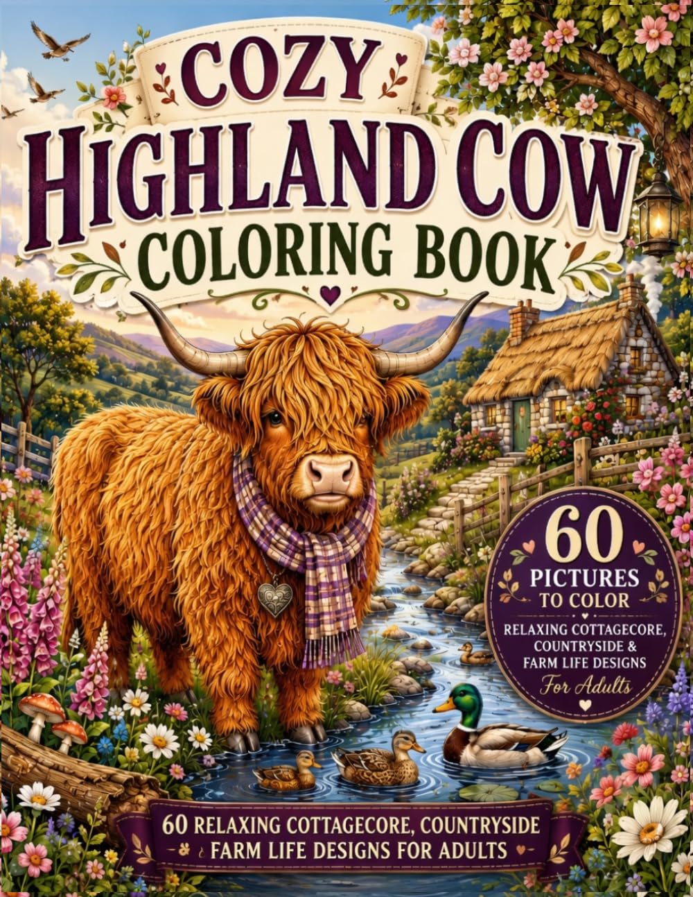 Cozy Highland Cow Coloring Book: 60 Relaxing Cottagecore, Countryside & Farm Life Designs for Adults