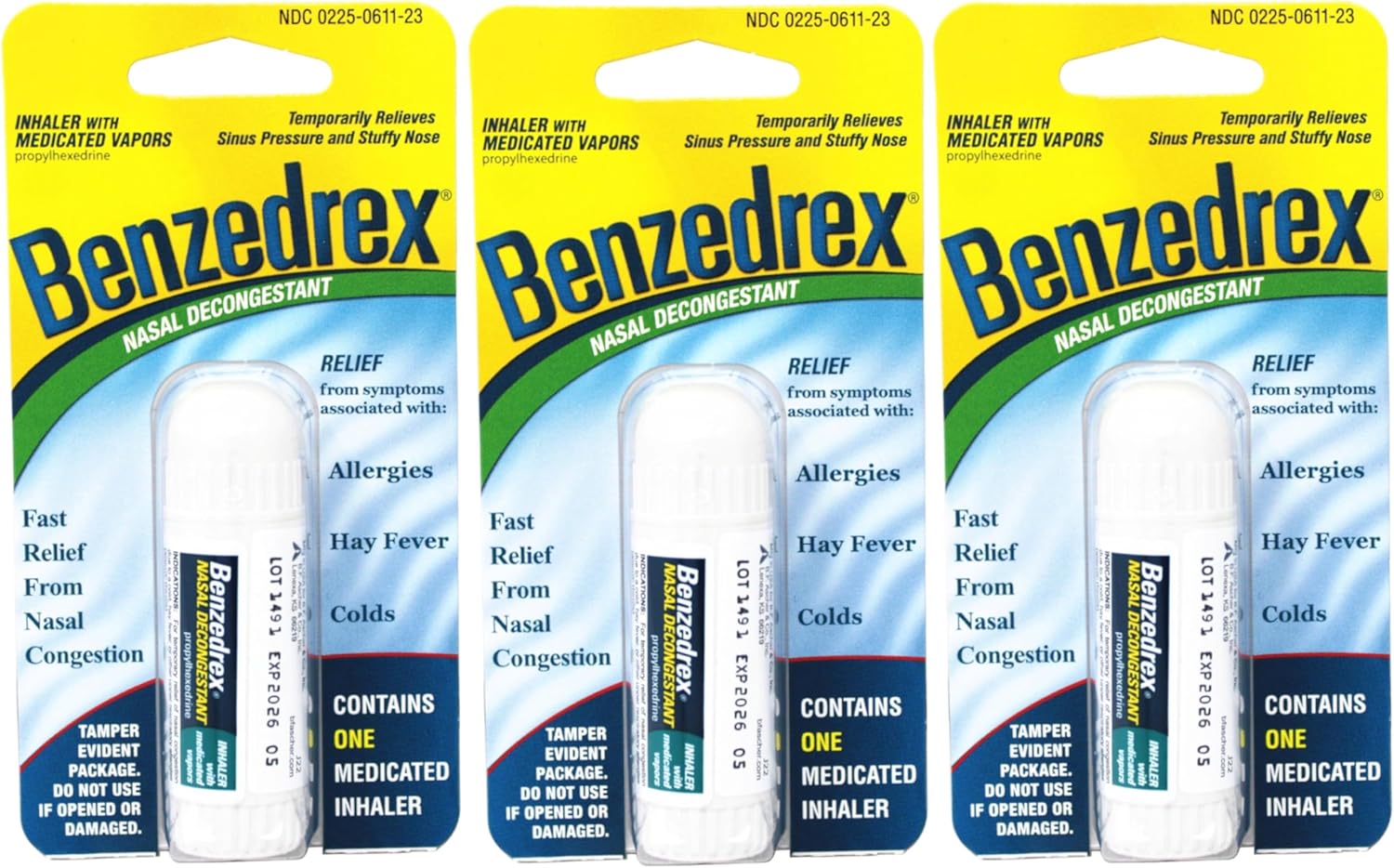 Benzedrex Nasal Decongestant Inhaler 3 Pack: Fast Sinus Pressure & Congestion Relief with Propylhexedrine, Menthol