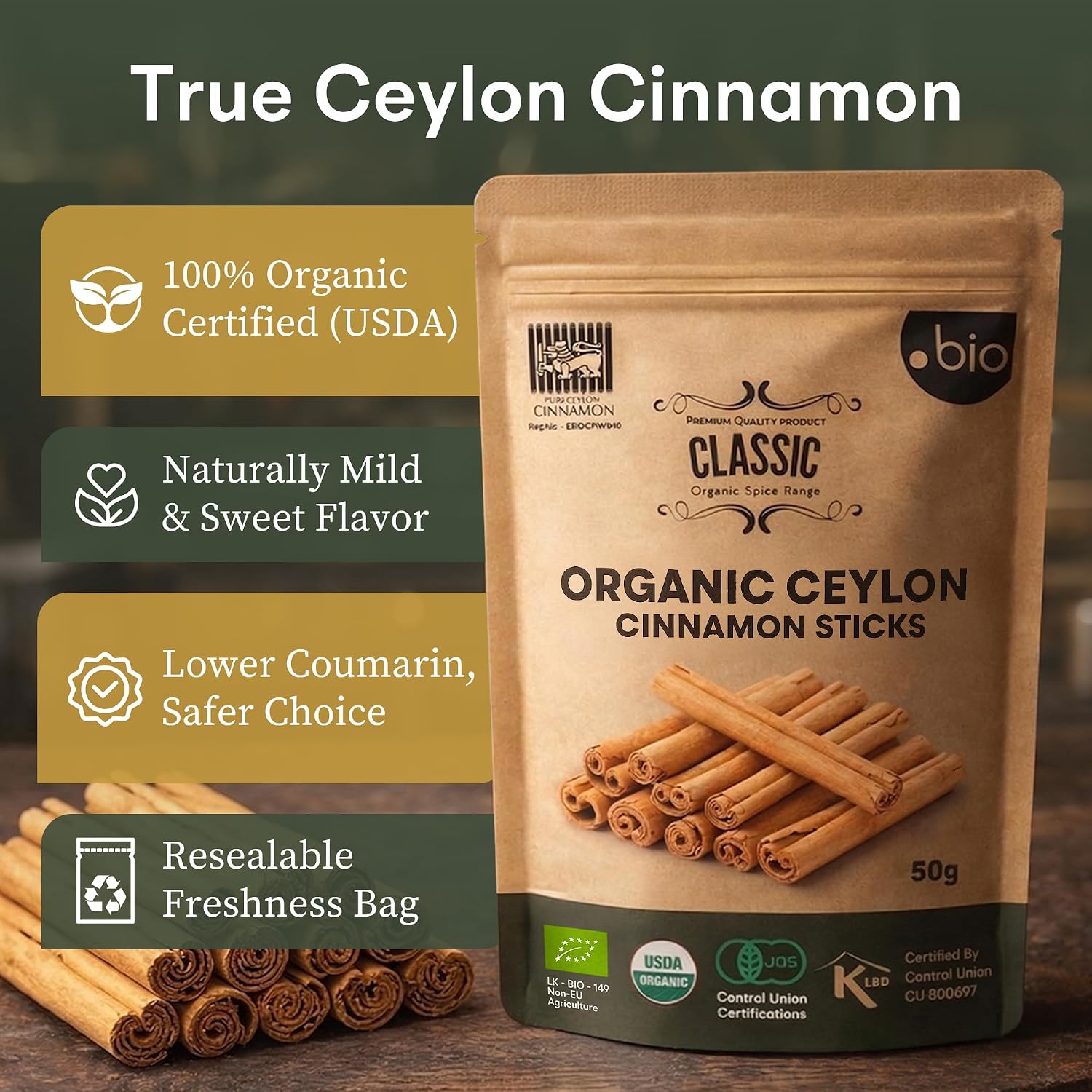 Organic Ceylon Cinnamon Sticks | USDA Certified Organic |100% Ceylon Cinnamon | Premium Quality TrueCinnamon| 1.76 oz (50g) Resealable Bag image 4