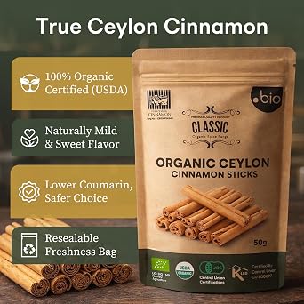 Organic Ceylon Cinnamon Sticks | USDA Certified Organic |100% Ceylon Cinnamon | Premium Quality TrueCinnamon| 1.76 oz (50g) Resealable Bag