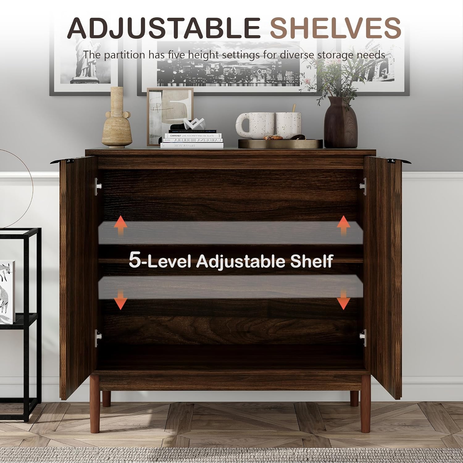 Otterease Fluted Cabinet with Storage, Buffet Cabinet Sideboard with Door, Kitchen Buffet Storage Accent Cabinets with Adjustable Shelves for Living Room, Entry, Hallway, Brown, Walnut