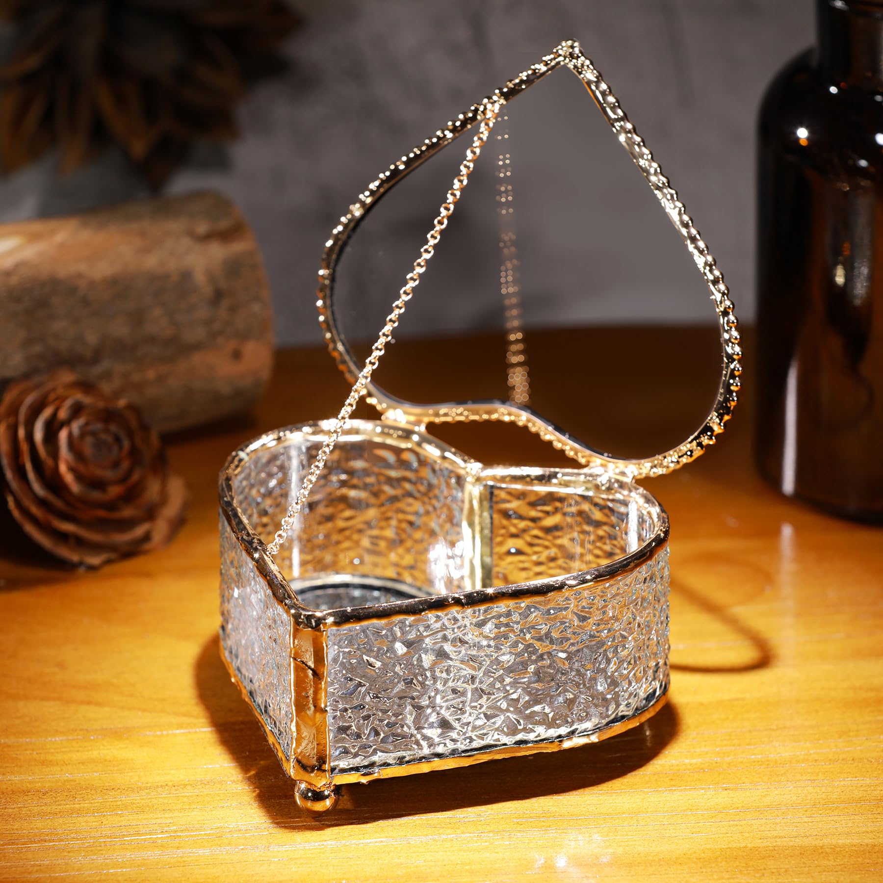 Joyero de cristal de diamante en forma de corazón, 4 x 3.6 x 2.1 pulgadas, caja de recuerdo, puede almacenar anillos, accesorios, etc. (dorado)