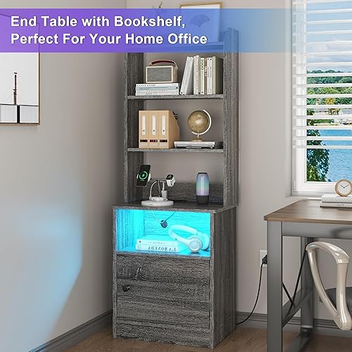 Miniatura 6 de Aufvolr Mesita de noche con estación de carga y luz LED, mesita de noche con estanterías y armario de almacenamiento, para sala de estar,